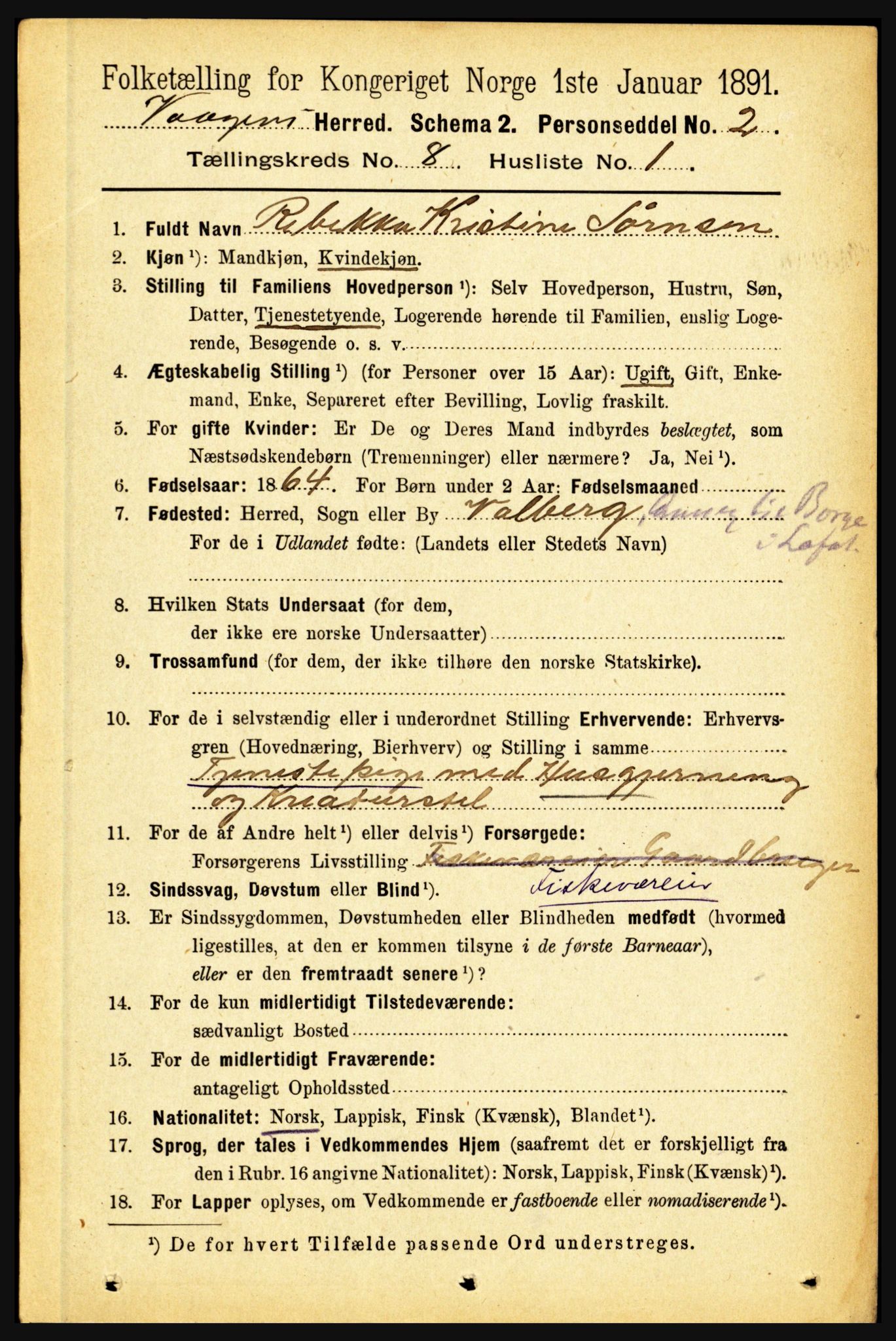 RA, 1891 census for 1865 Vågan, 1891, p. 2096