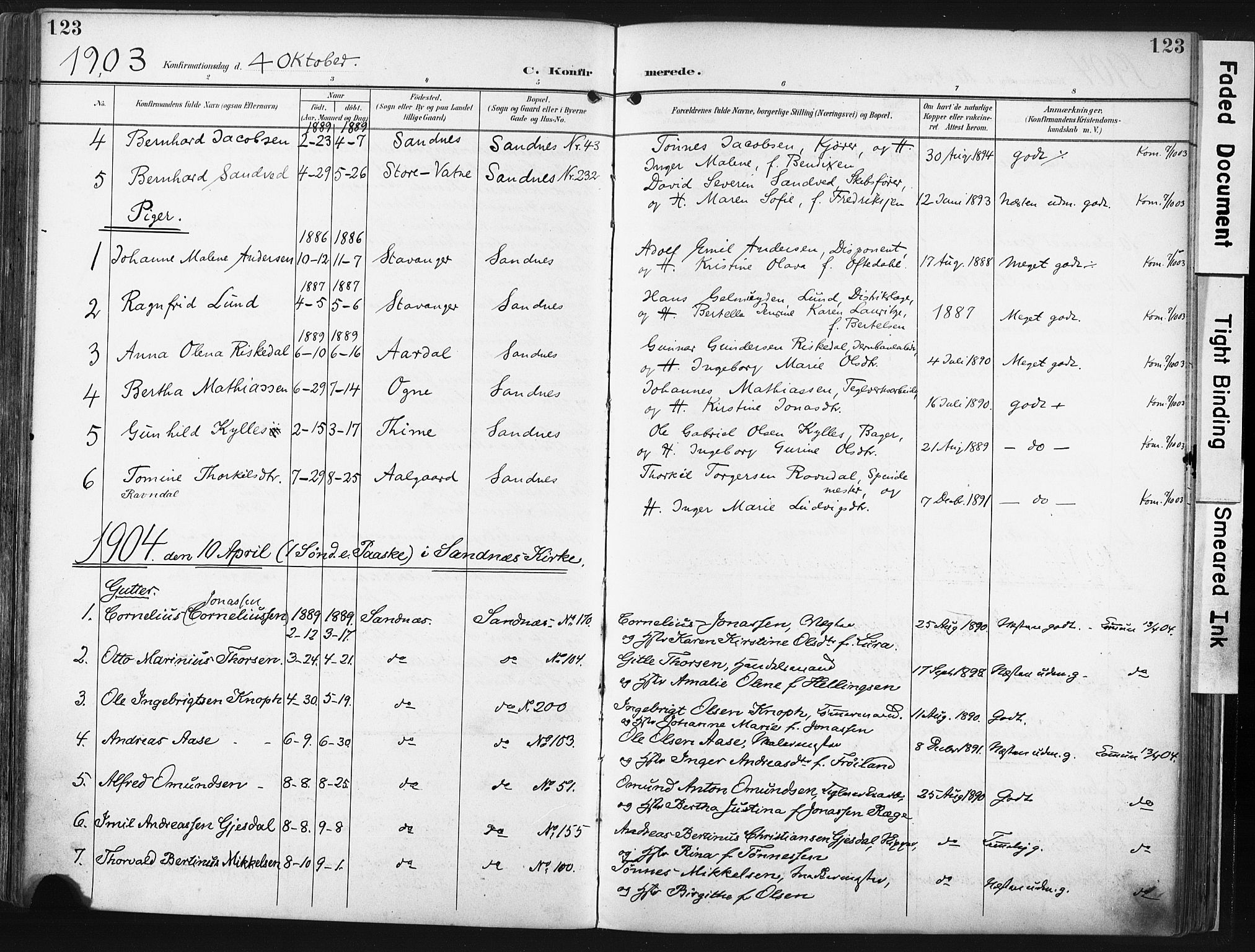 Høyland sokneprestkontor, SAST/A-101799/001/30BA/L0016: Parish register (official) no. A 16, 1899-1911, p. 123