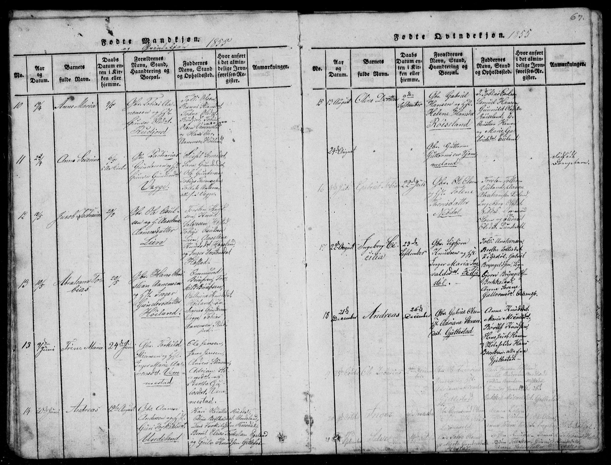 Lyngdal sokneprestkontor, AV/SAK-1111-0029/F/Fb/Fbb/L0001: Parish register (copy) no. B 1, 1816-1900, p. 67