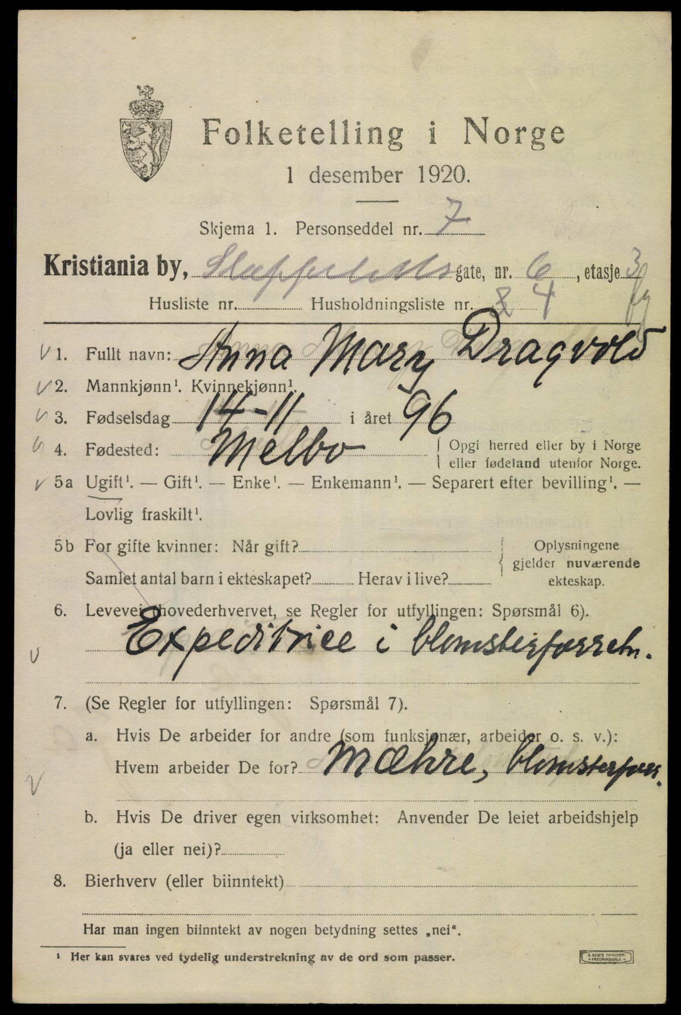 SAO, 1920 census for Kristiania, 1920, p. 536199