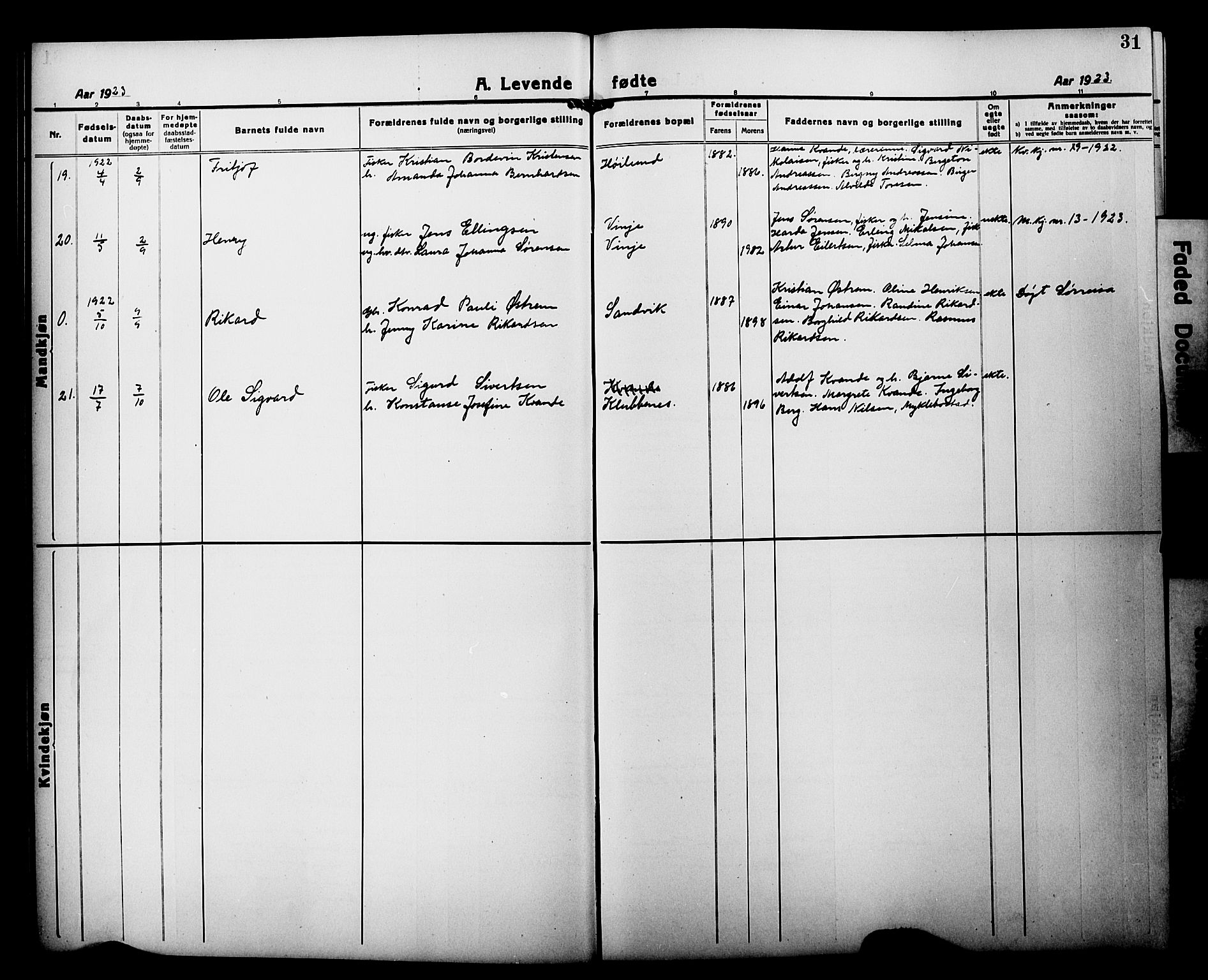 Tranøy sokneprestkontor, AV/SATØ-S-1313/I/Ia/Iab/L0015klokker: Parish register (copy) no. 15, 1918-1930, p. 31