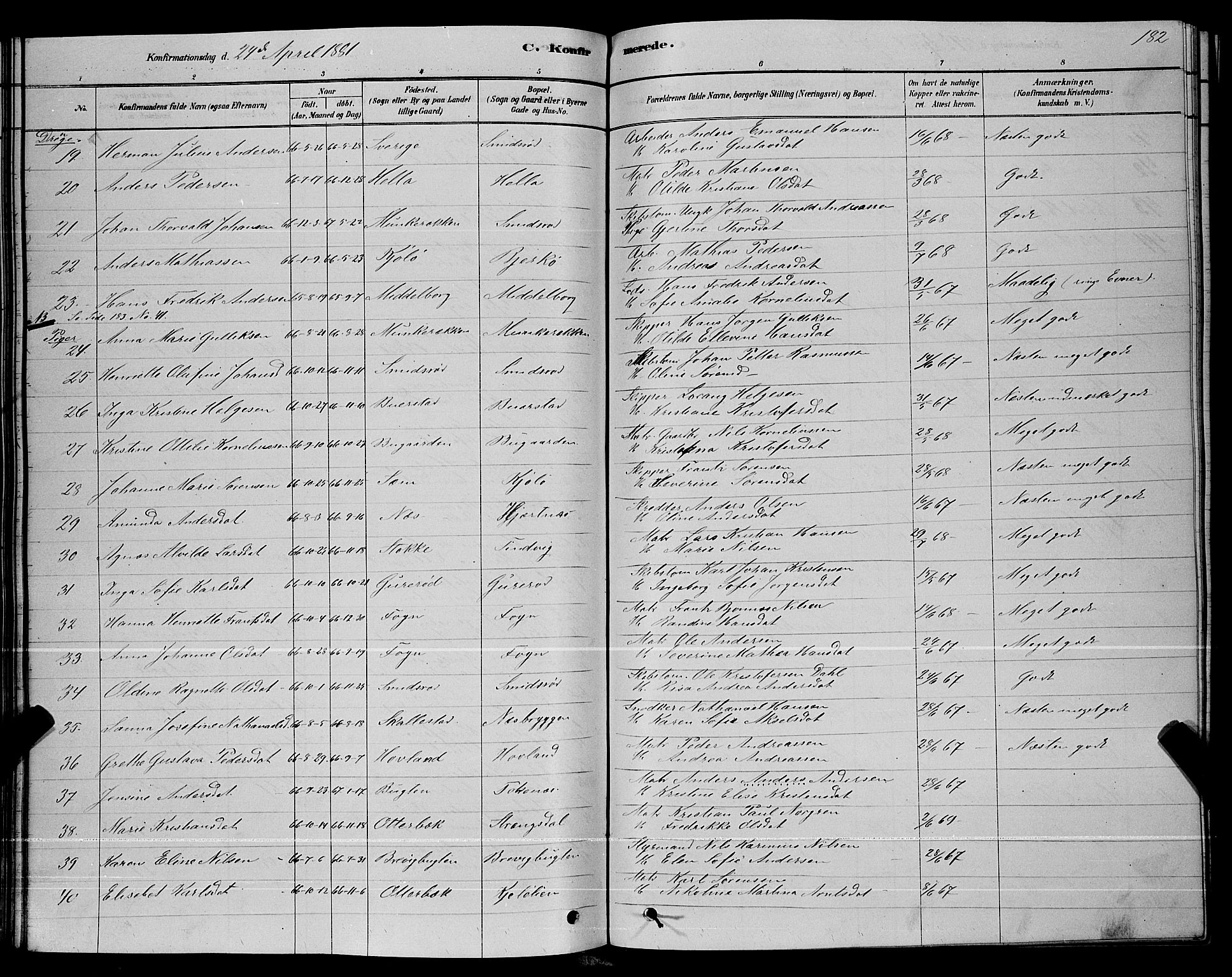 Nøtterøy kirkebøker, AV/SAKO-A-354/G/Ga/L0003: Parish register (copy) no. I 3, 1878-1893, p. 182