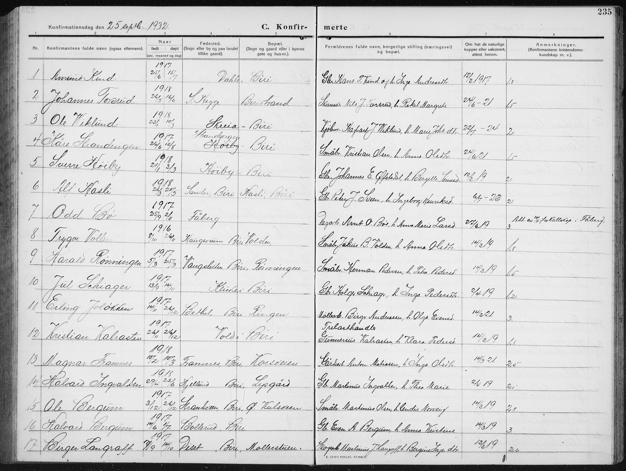 Biri prestekontor, SAH/PREST-096/H/Ha/Hab/L0006: Parish register (copy) no. 6, 1909-1938, p. 235