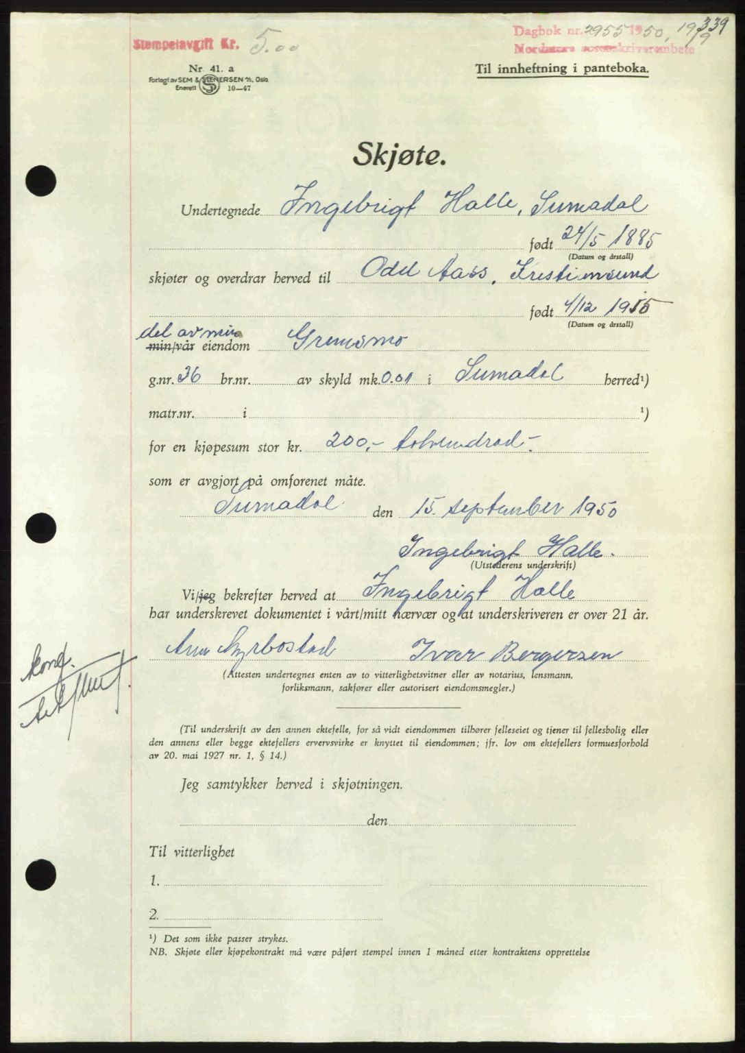 Nordmøre sorenskriveri, AV/SAT-A-4132/1/2/2Ca: Mortgage book no. A116, 1950-1950, Diary no: : 2955/1950