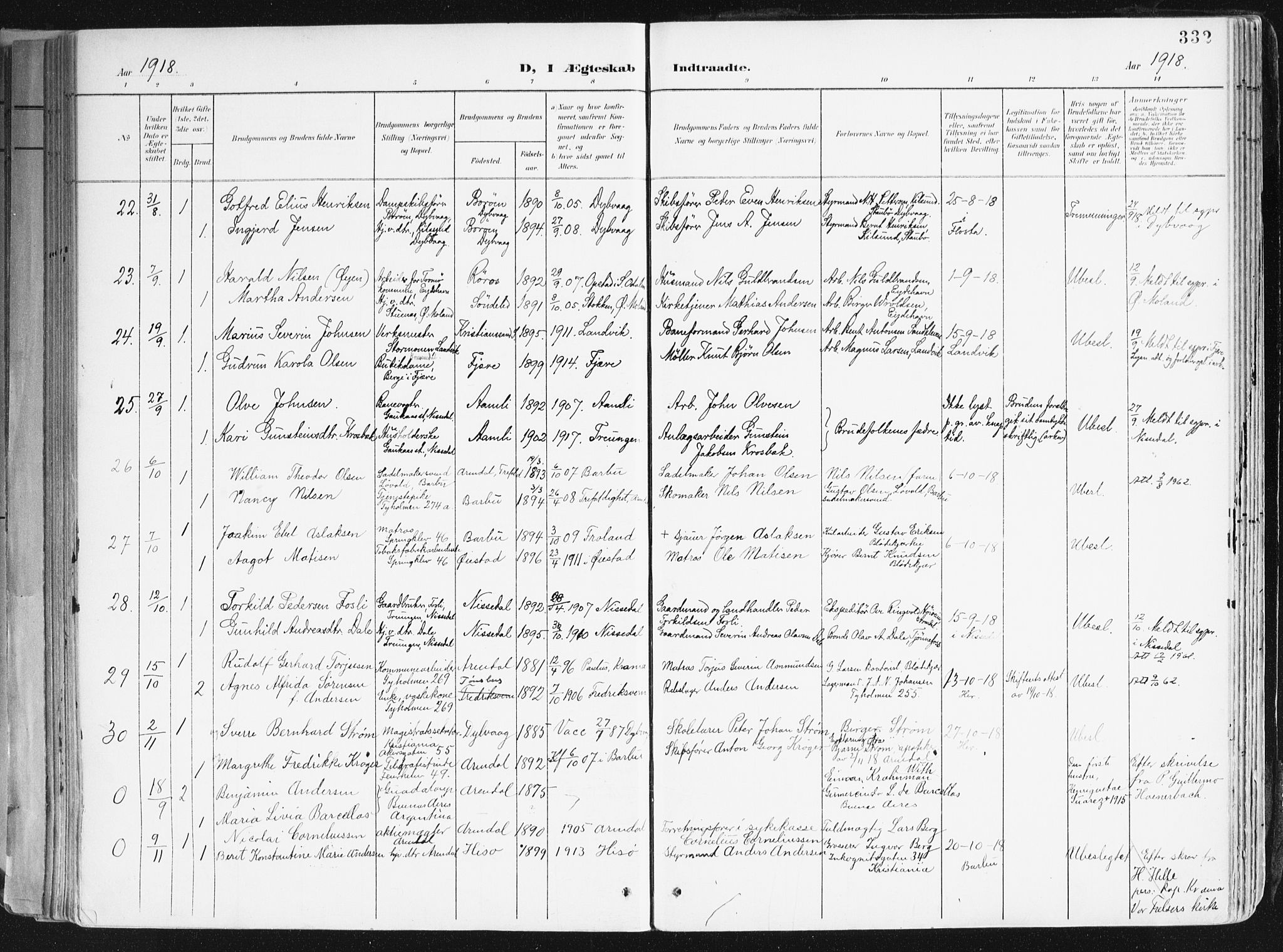 Arendal sokneprestkontor, Trefoldighet, AV/SAK-1111-0040/F/Fa/L0010: Parish register (official) no. A 10, 1900-1919, p. 332