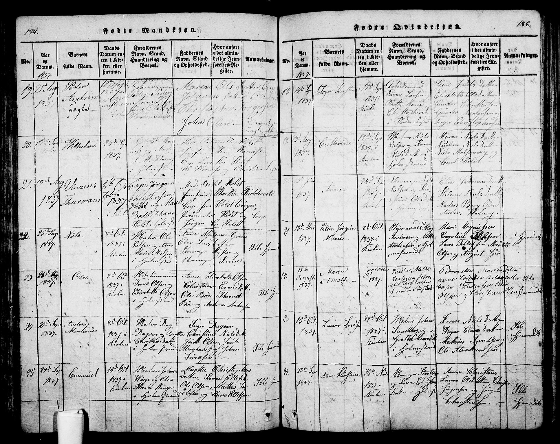 Holmestrand kirkebøker, AV/SAKO-A-346/G/Ga/L0001: Parish register (copy) no. 1, 1814-1848, p. 184-185