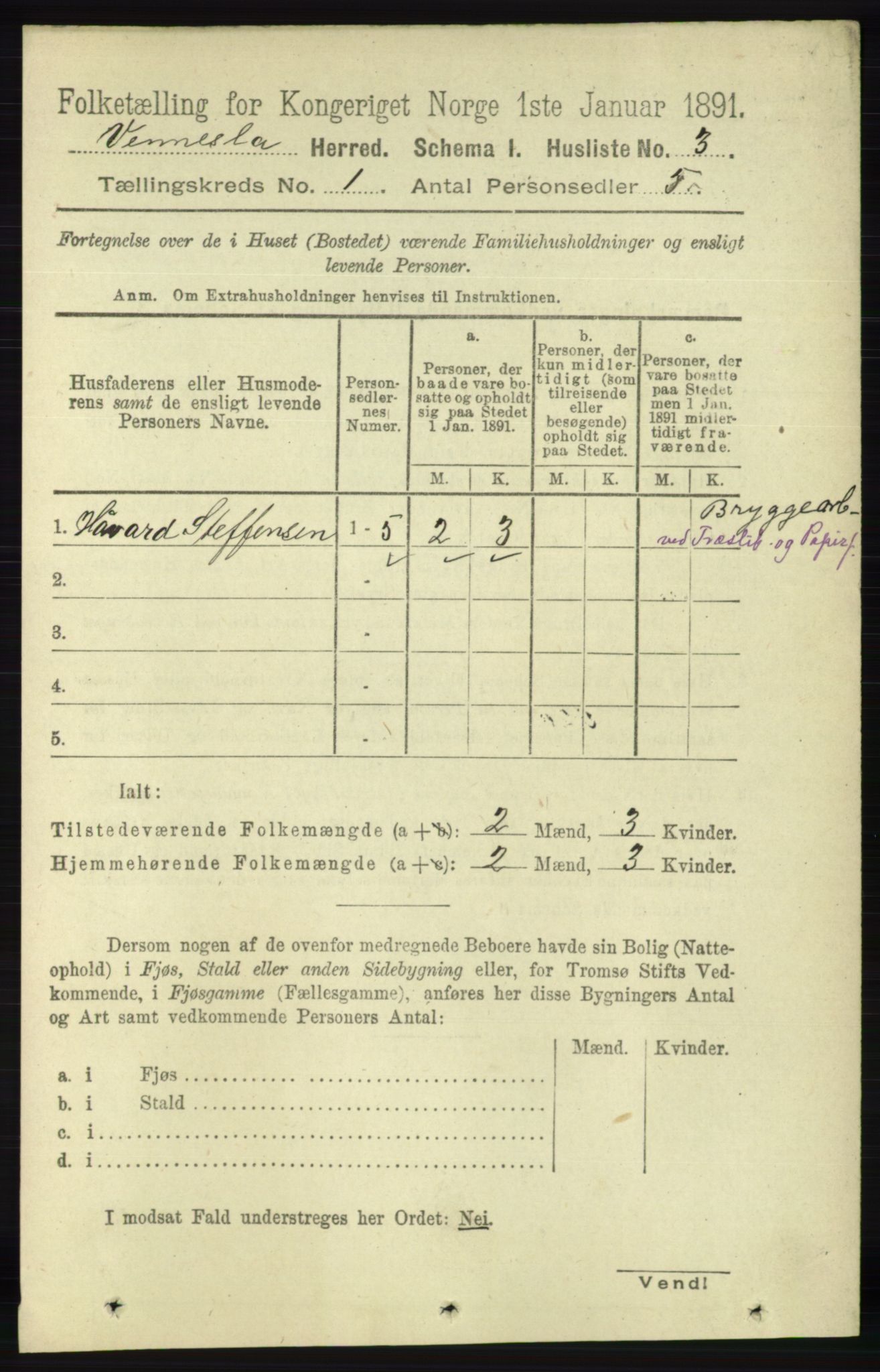 RA, 1891 census for 1014 Vennesla, 1891, p. 19