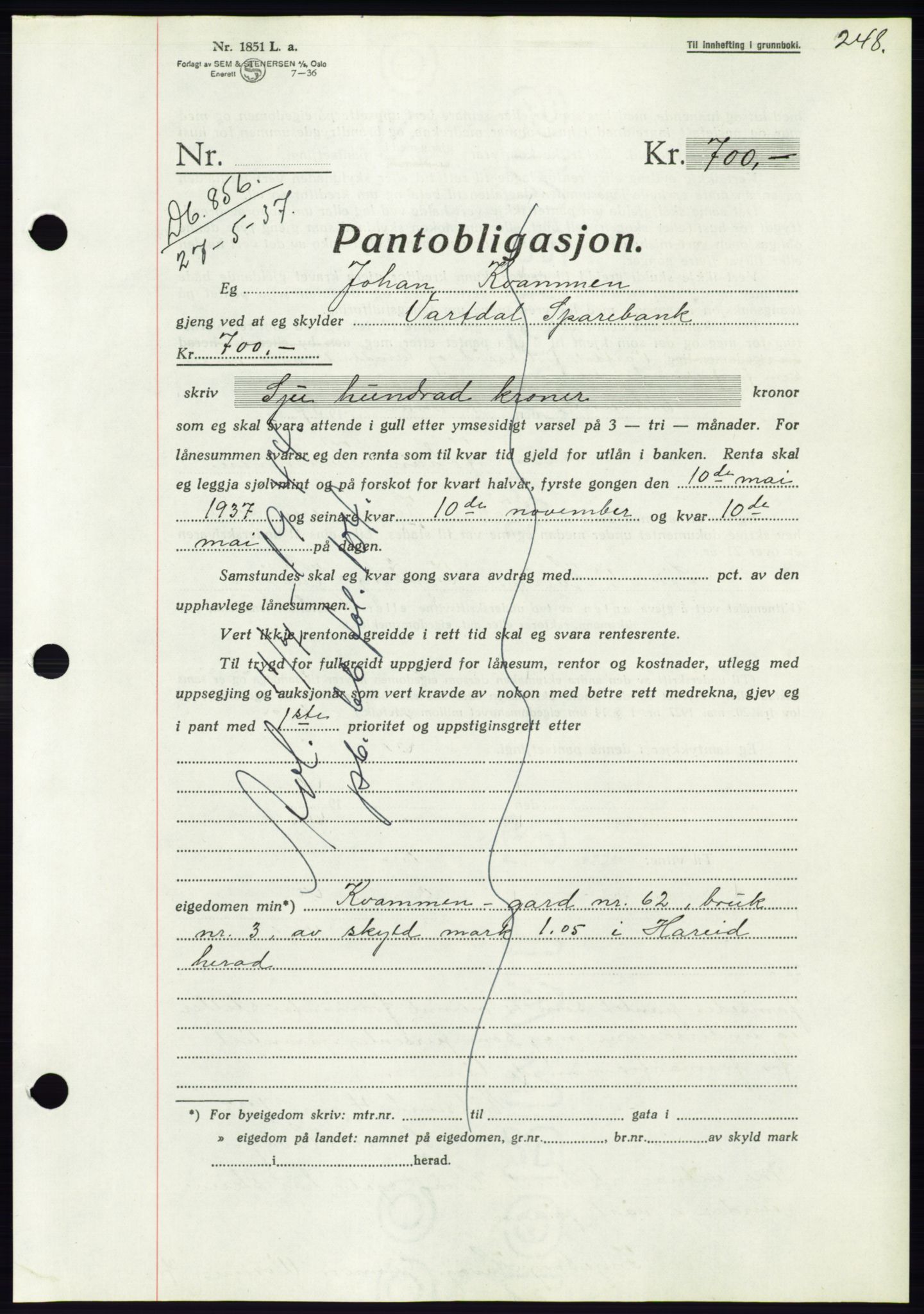 Søre Sunnmøre sorenskriveri, AV/SAT-A-4122/1/2/2C/L0063: Mortgage book no. 57, 1937-1937, Diary no: : 856/1937