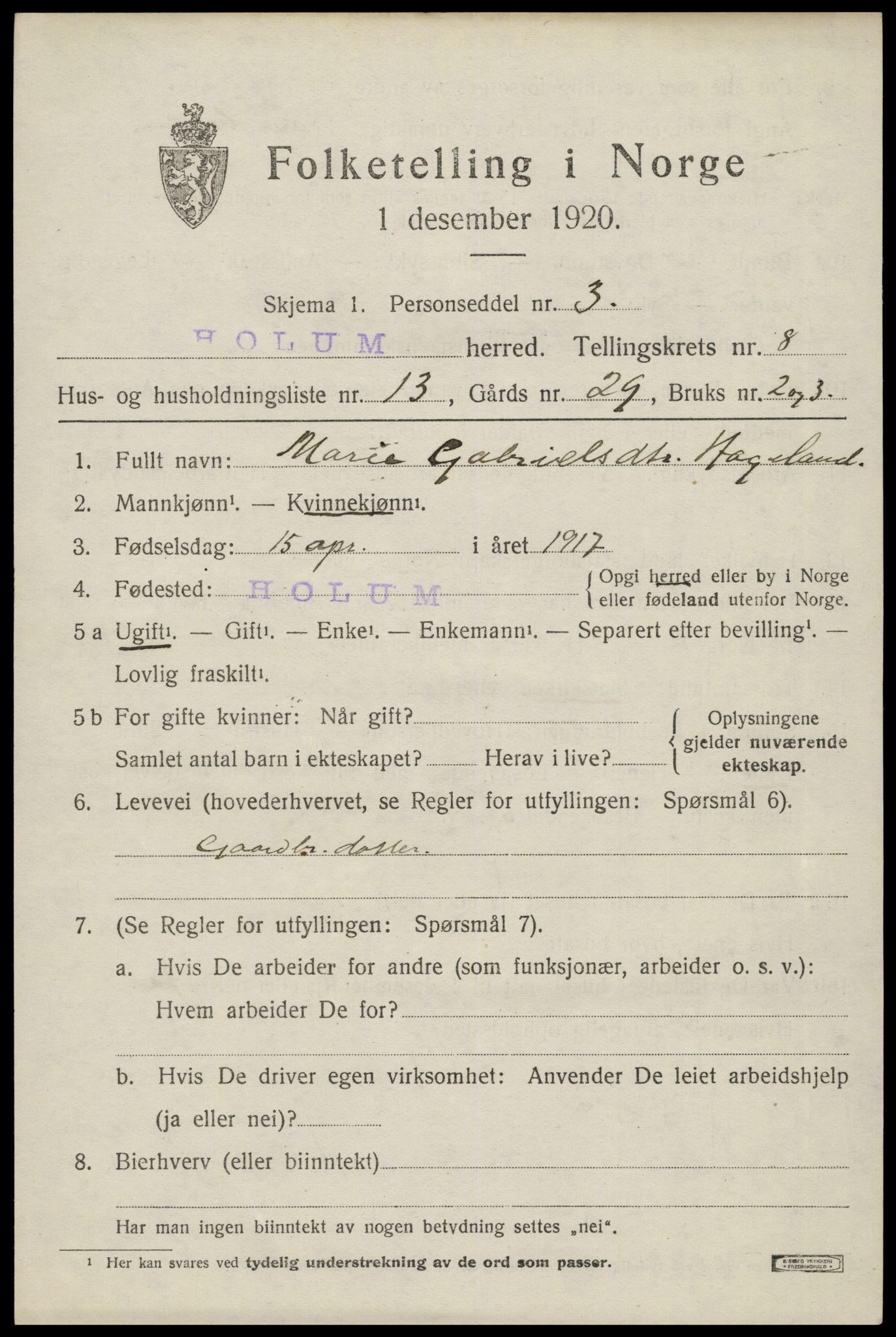 SAK, 1920 census for Holum, 1920, p. 2617