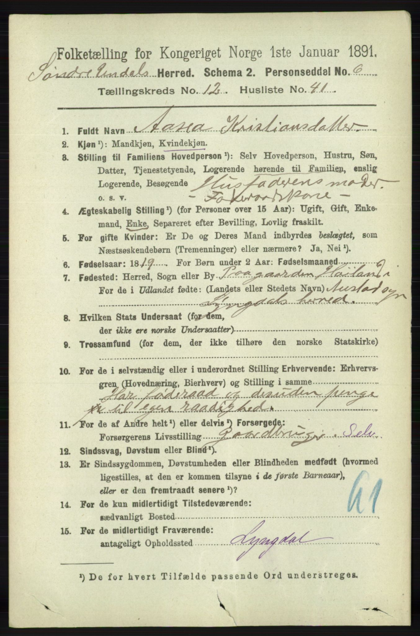 RA, 1891 census for 1029 Sør-Audnedal, 1891, p. 5735