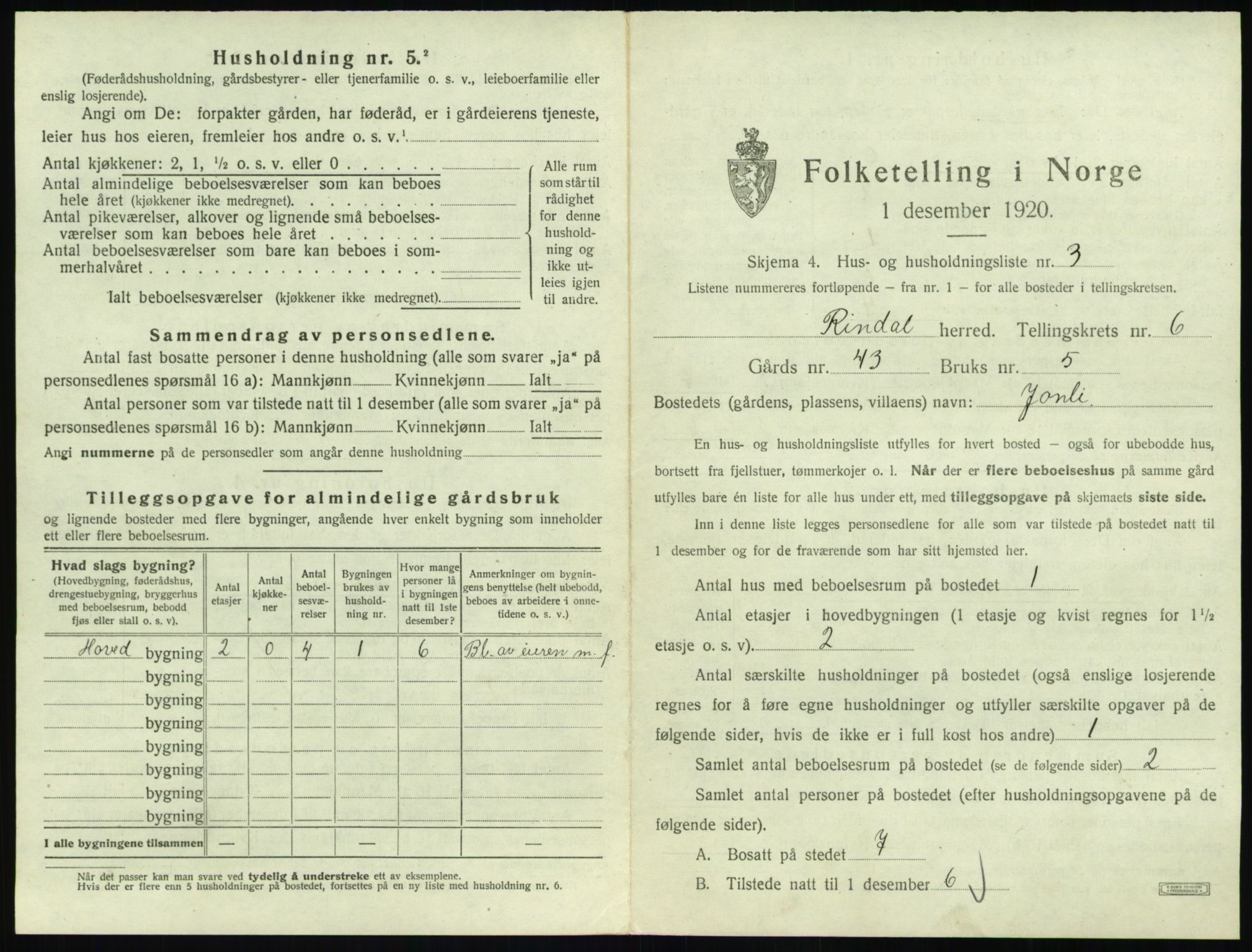 SAT, 1920 census for Rindal, 1920, p. 436