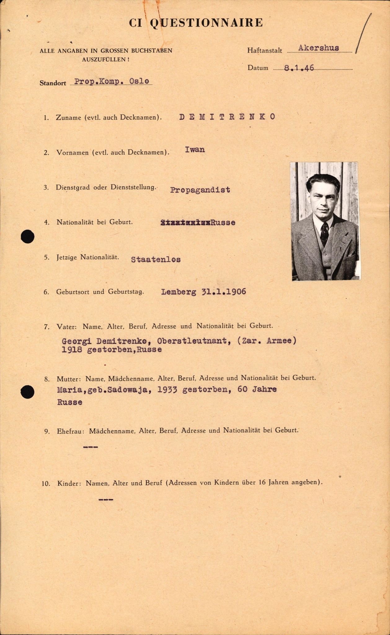 Forsvaret, Forsvarets overkommando II, AV/RA-RAFA-3915/D/Db/L0041: CI Questionaires.  Diverse nasjonaliteter., 1945-1946, p. 48