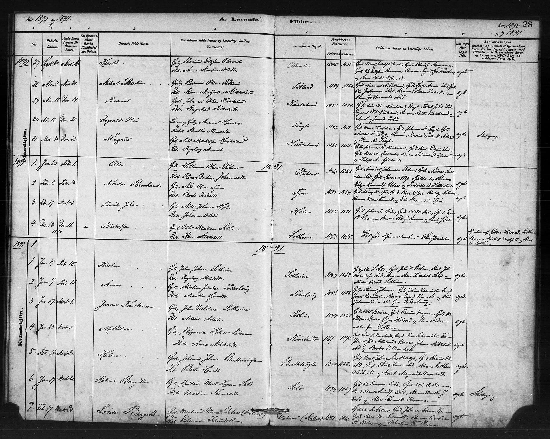 Manger sokneprestembete, SAB/A-76801/H/Haa: Parish register (official) no. D 1, 1881-1892, p. 28