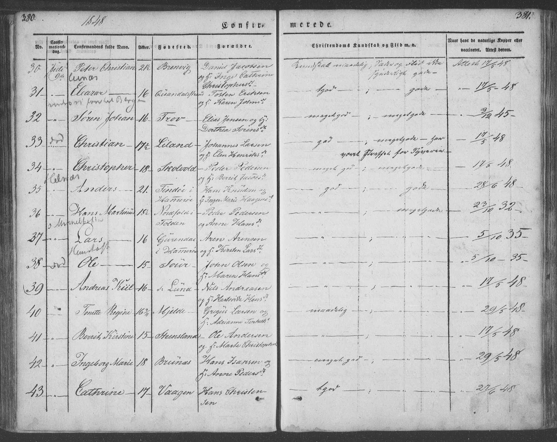 Ministerialprotokoller, klokkerbøker og fødselsregistre - Nordland, AV/SAT-A-1459/855/L0799: Parish register (official) no. 855A07, 1834-1852, p. 380-381