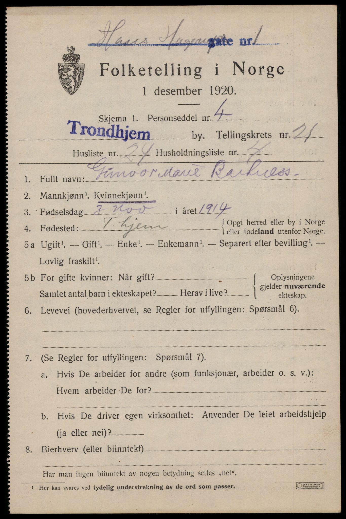 SAT, 1920 census for Trondheim, 1920, p. 61494