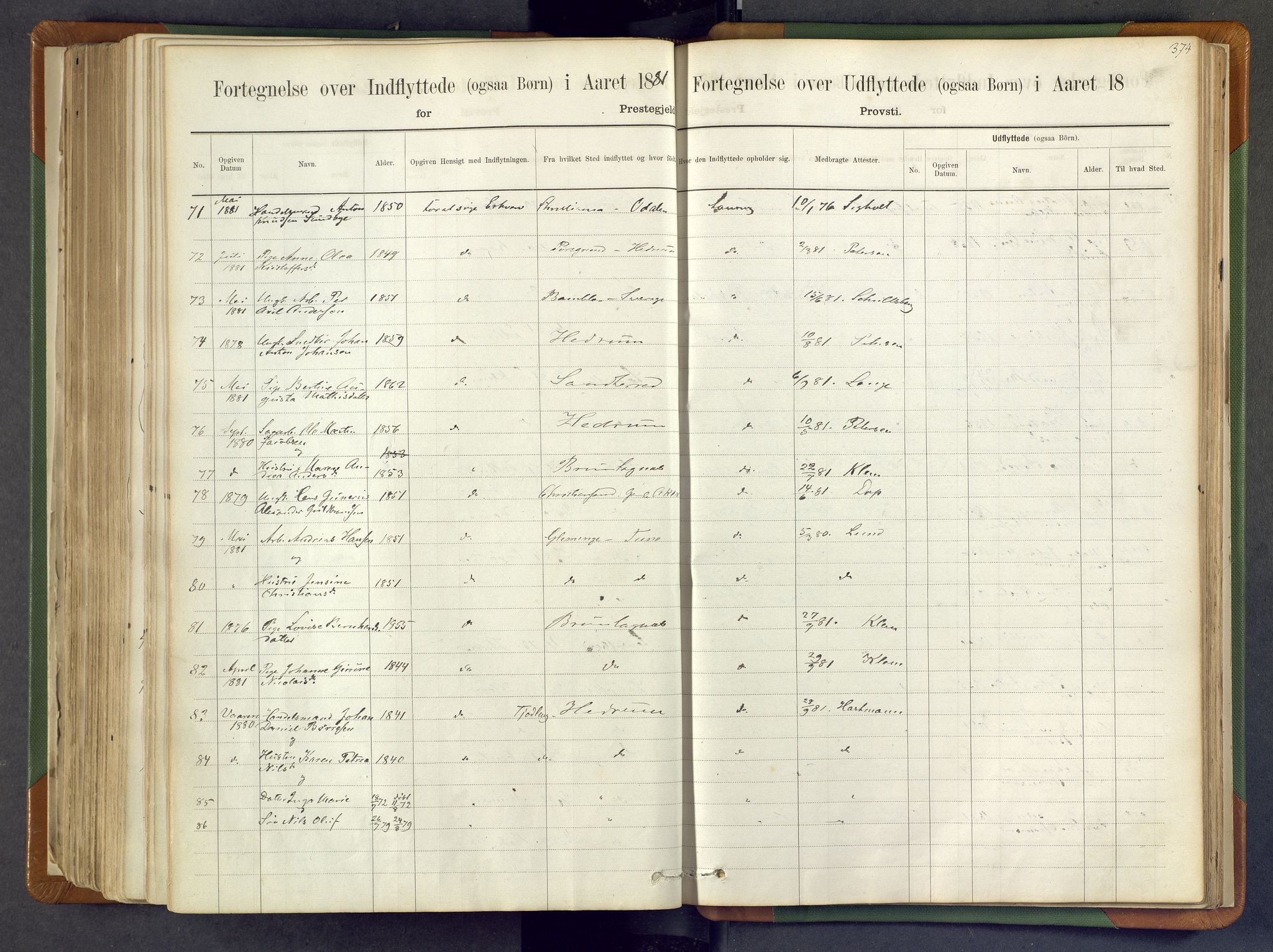 Larvik kirkebøker, AV/SAKO-A-352/F/Fa/L0007: Parish register (official) no. I 7, 1871-1883, p. 374