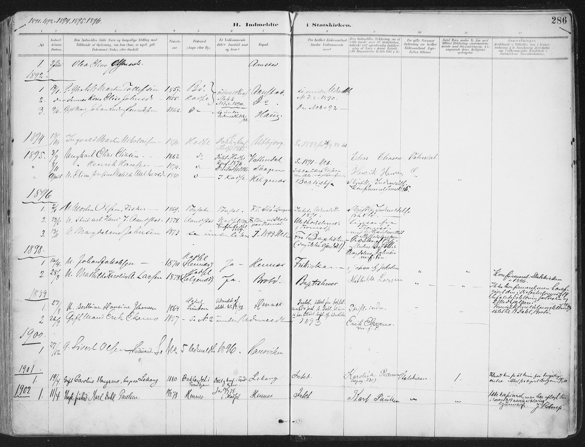 Ministerialprotokoller, klokkerbøker og fødselsregistre - Nordland, SAT/A-1459/888/L1246: Parish register (official) no. 888A12, 1891-1903, p. 286