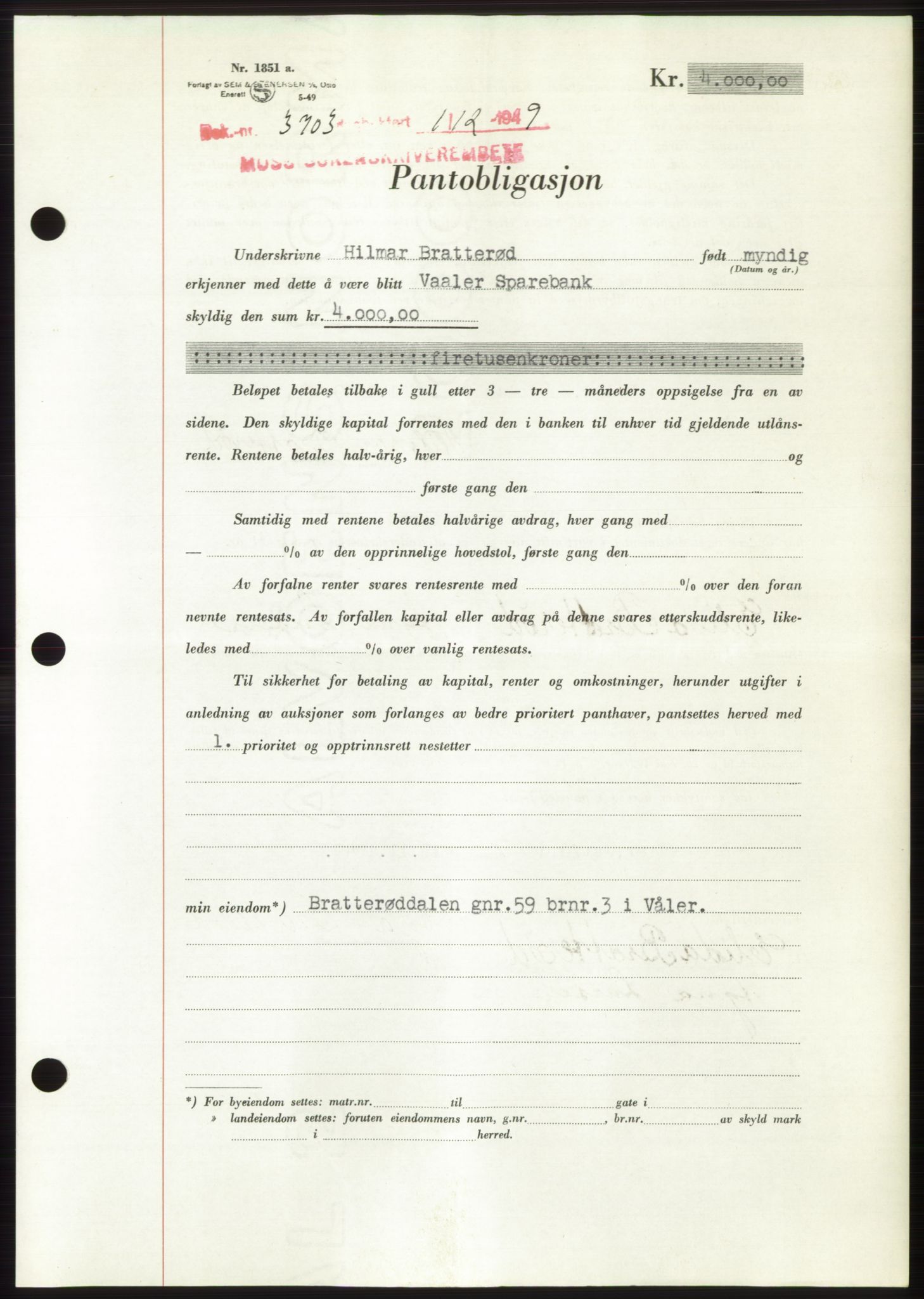 Moss sorenskriveri, SAO/A-10168: Mortgage book no. B23, 1949-1950, Diary no: : 3703/1949