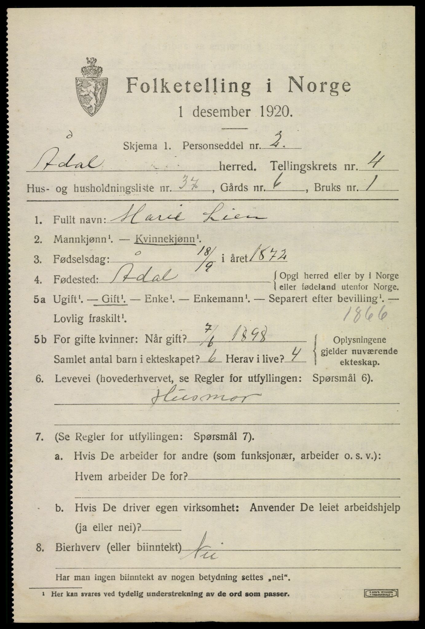 SAKO, 1920 census for Ådal, 1920, p. 4058