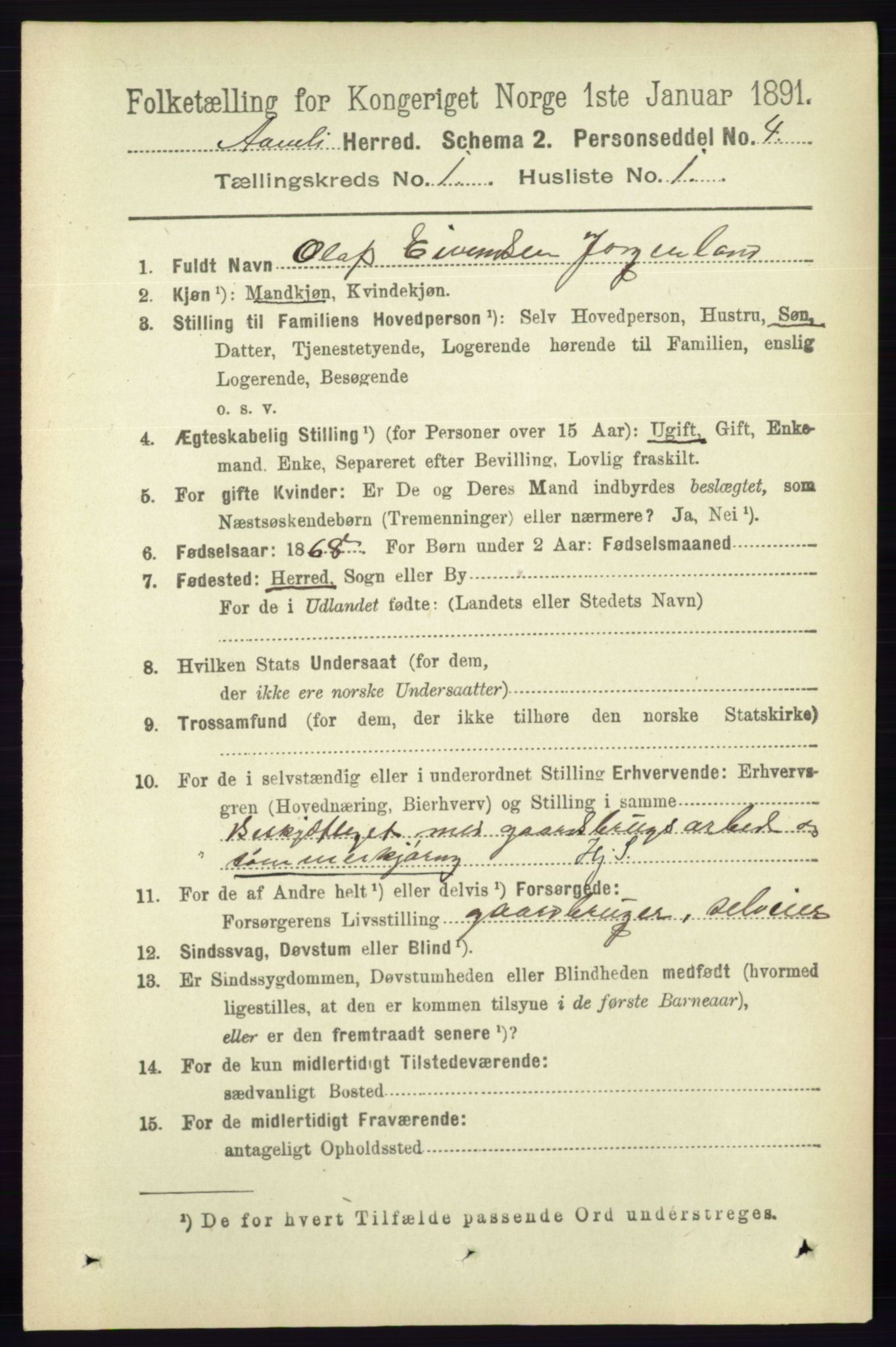 RA, 1891 census for 0929 Åmli, 1891, p. 62