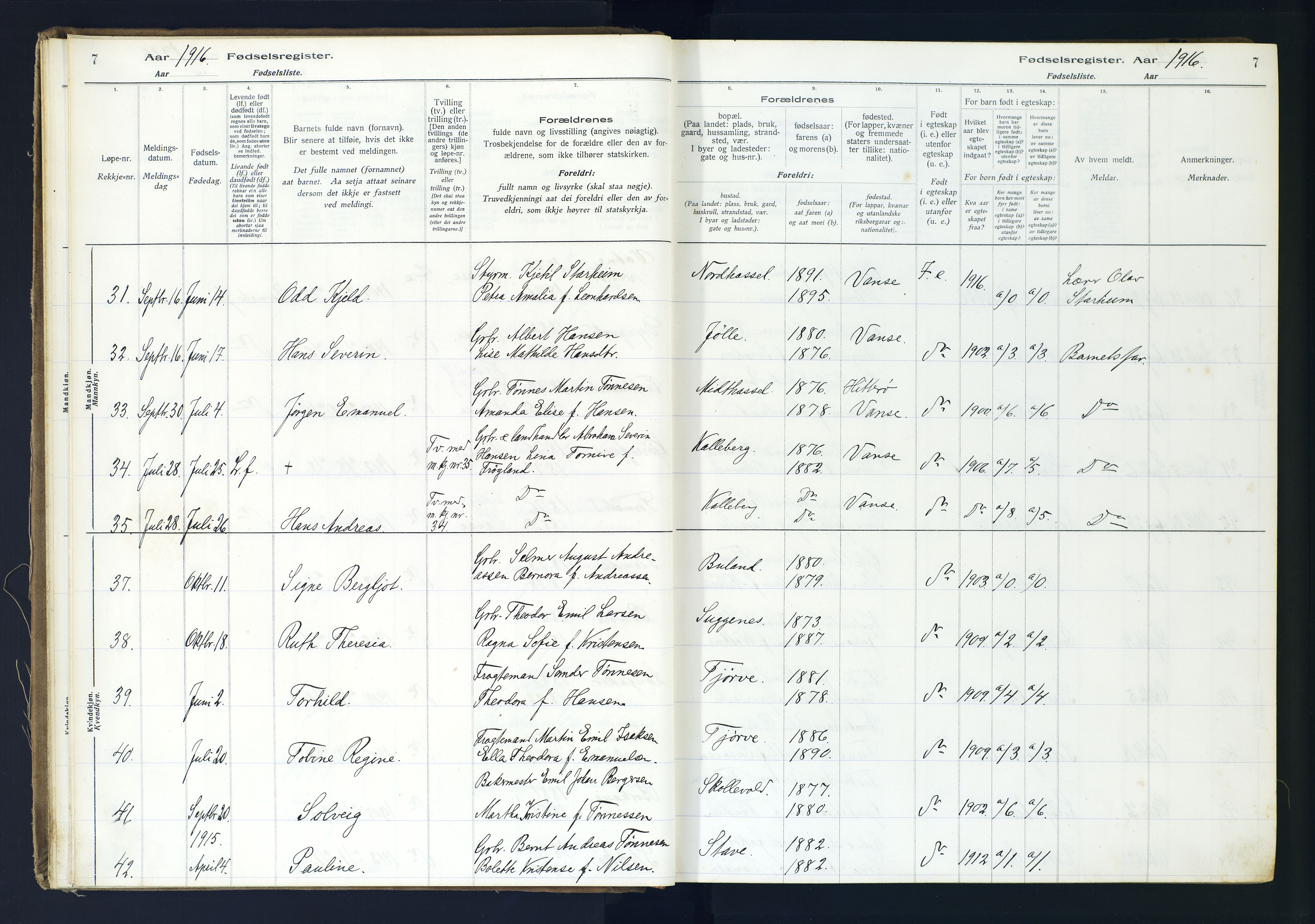 Lista sokneprestkontor, SAK/1111-0027/J/Ja/L0001: Birth register no. A-VI-30, 1916-1934, p. 7