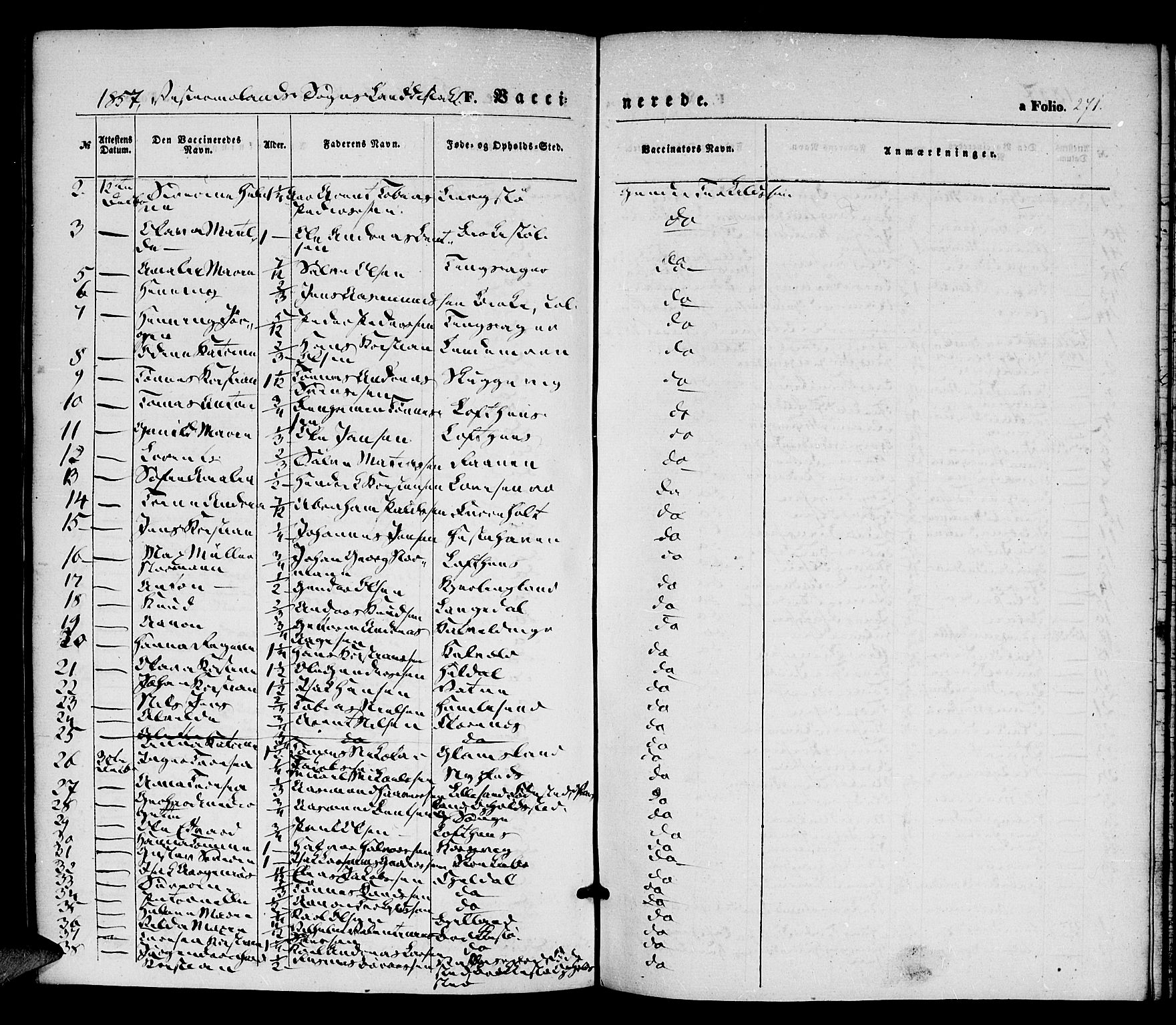 Vestre Moland sokneprestkontor, AV/SAK-1111-0046/F/Fa/Fab/L0006: Parish register (official) no. A 6, 1850-1858, p. 271