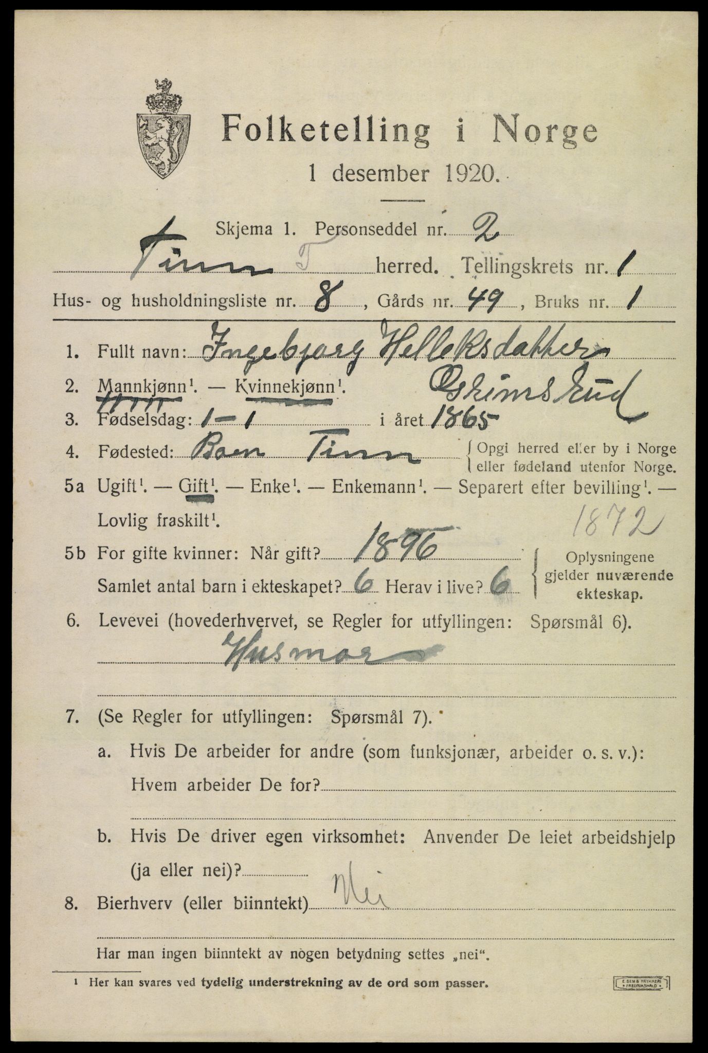 SAKO, 1920 census for Tinn, 1920, p. 2776