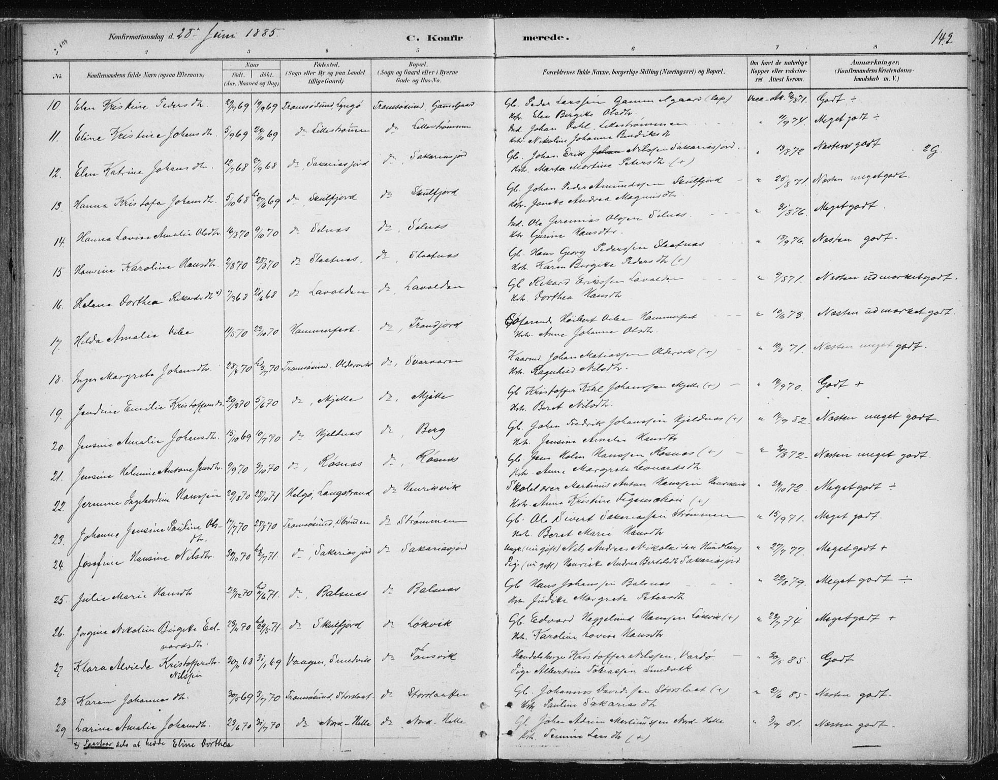 Tromsøysund sokneprestkontor, AV/SATØ-S-1304/G/Ga/L0004kirke: Parish register (official) no. 4, 1880-1888, p. 142