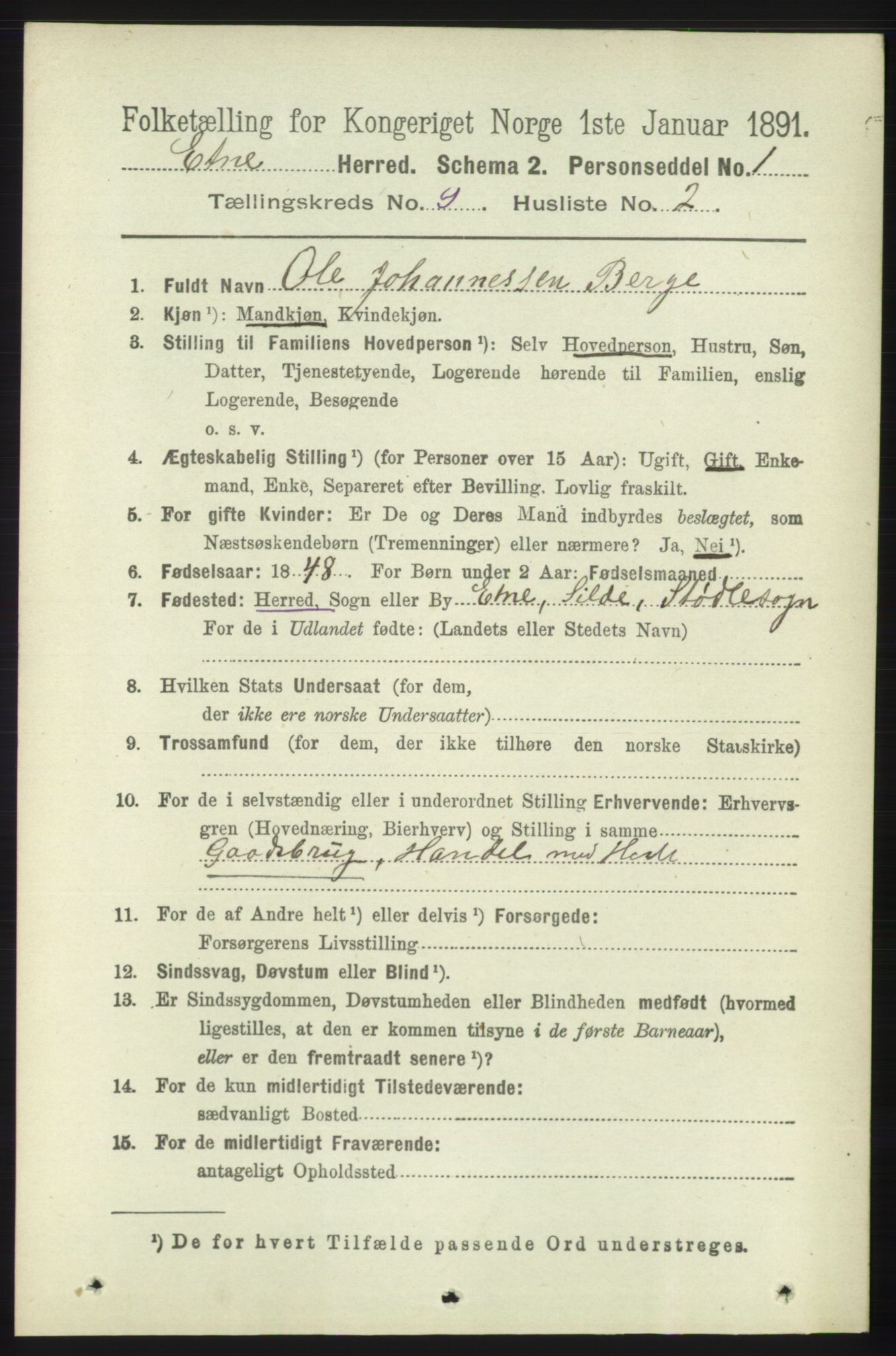 RA, 1891 census for 1211 Etne, 1891, p. 1716