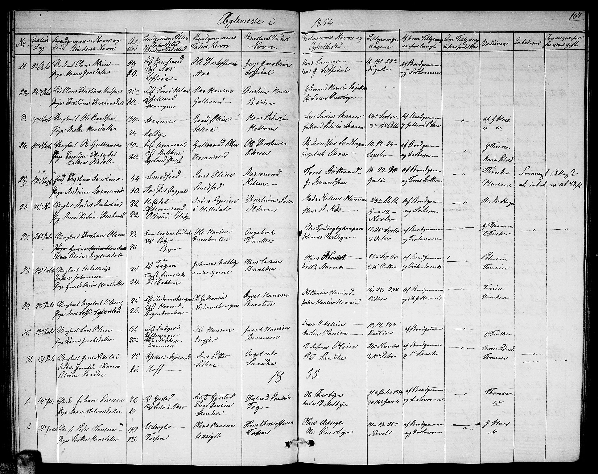 Fet prestekontor Kirkebøker, SAO/A-10370a/G/Ga/L0002: Parish register (copy) no. I 2, 1843-1859, p. 167