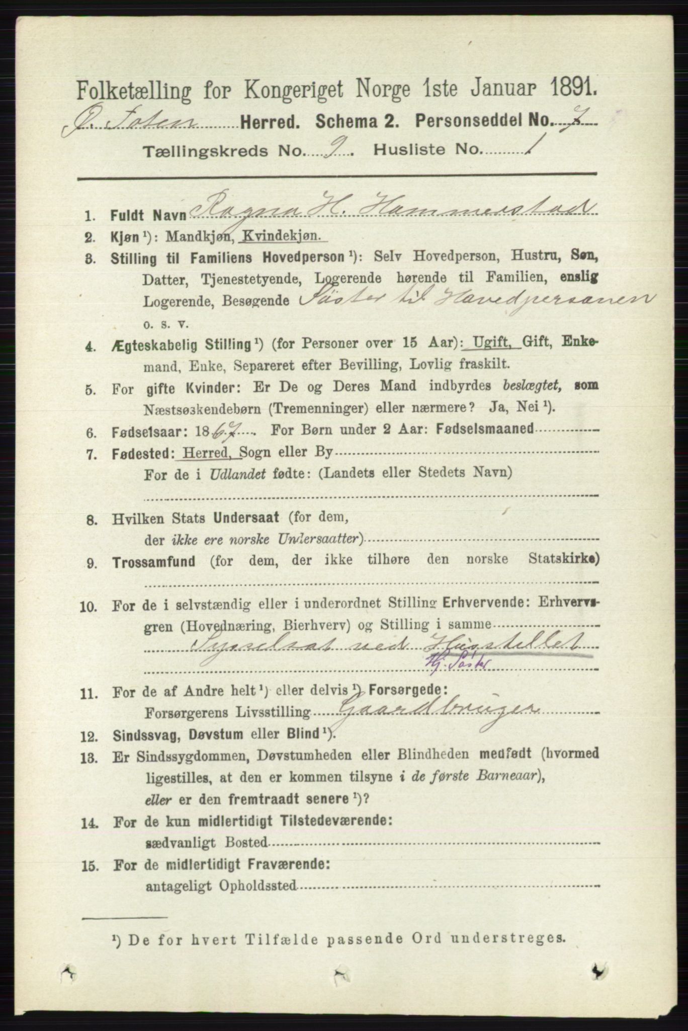 RA, 1891 census for 0528 Østre Toten, 1891, p. 5652