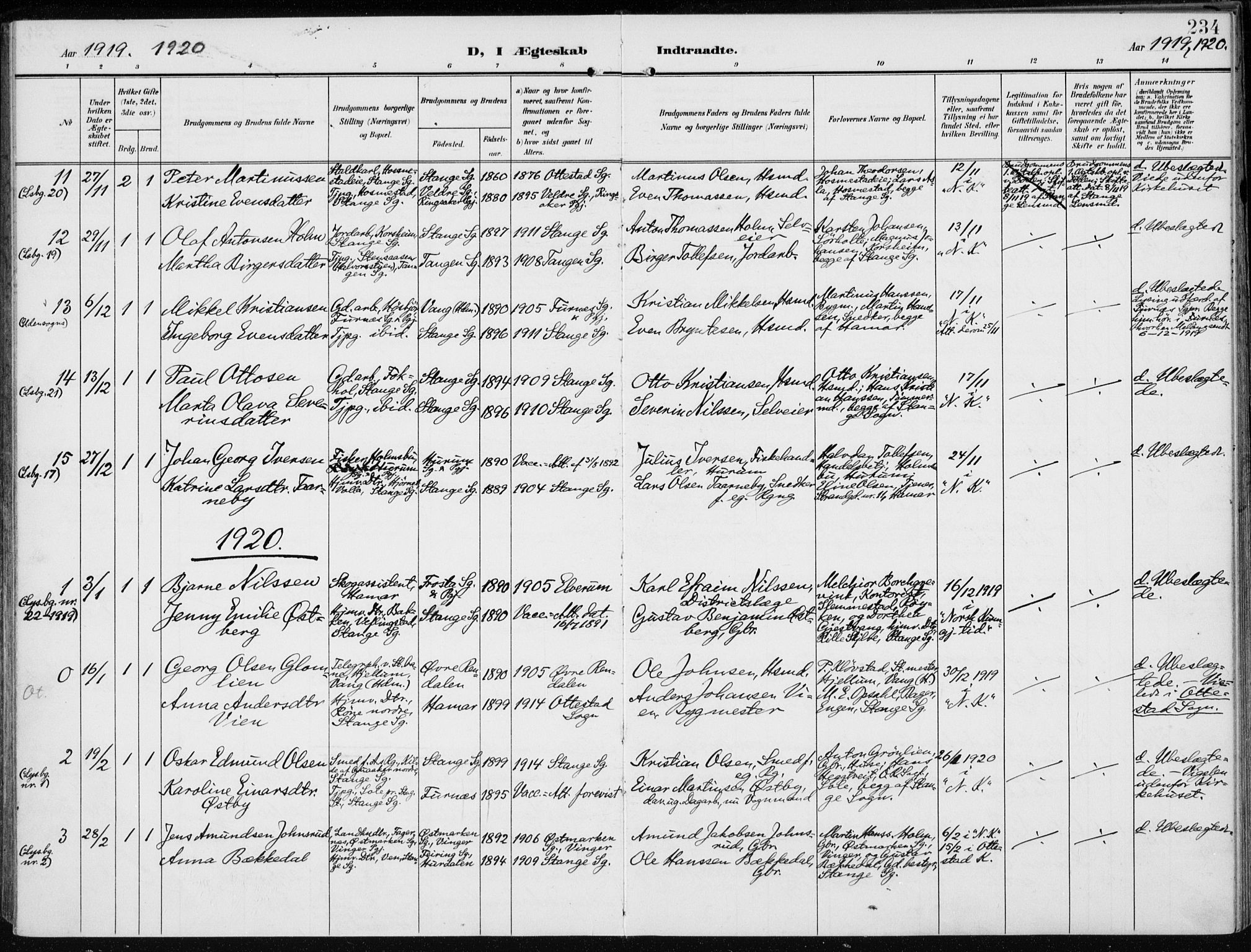 Stange prestekontor, AV/SAH-PREST-002/K/L0024: Parish register (official) no. 24, 1906-1922, p. 234