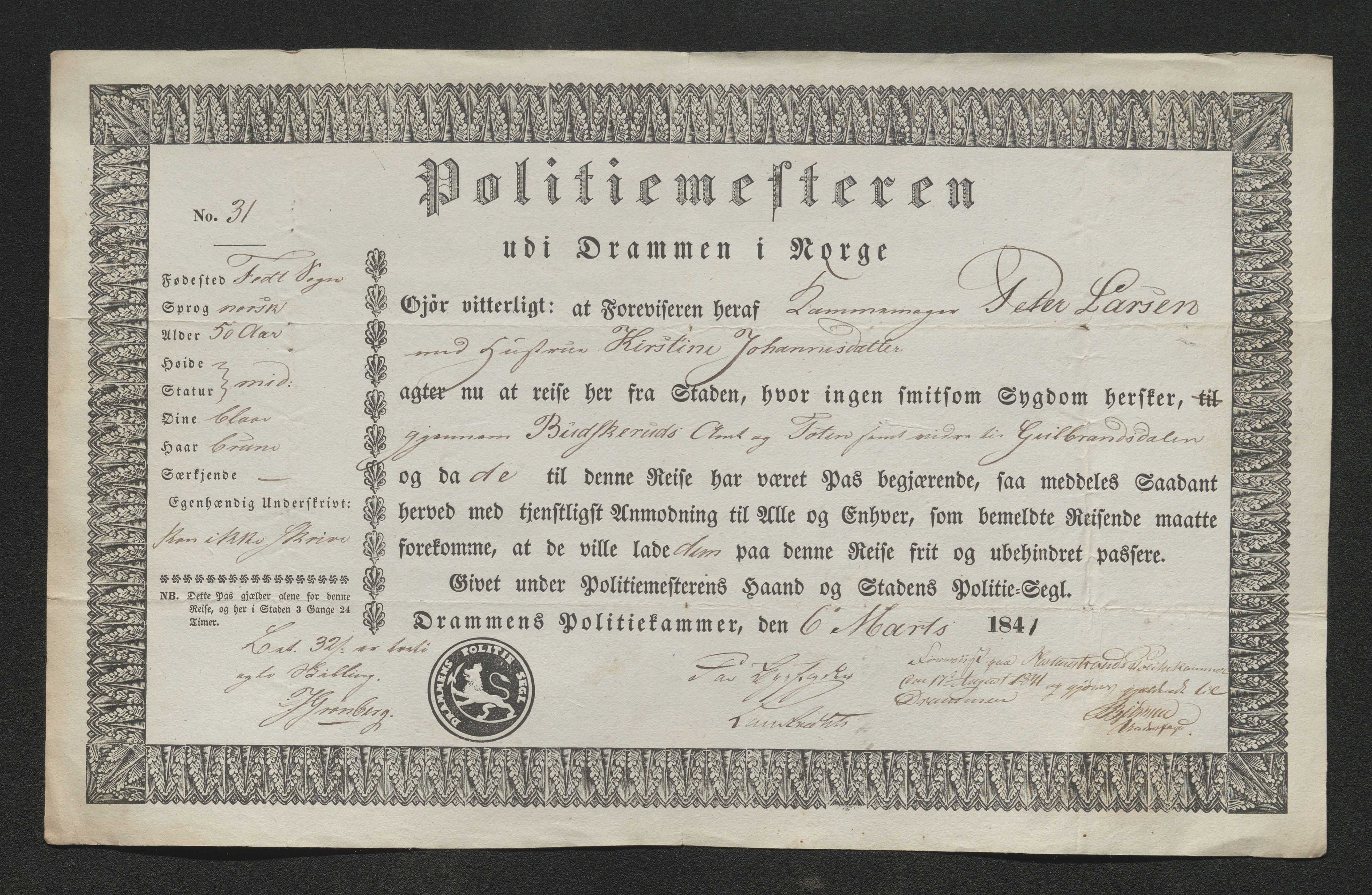 Drammen politikammer, SAKO/A-623/I/Ia/Iab/L0006: Innleverte pass, 1841-1842, p. 217