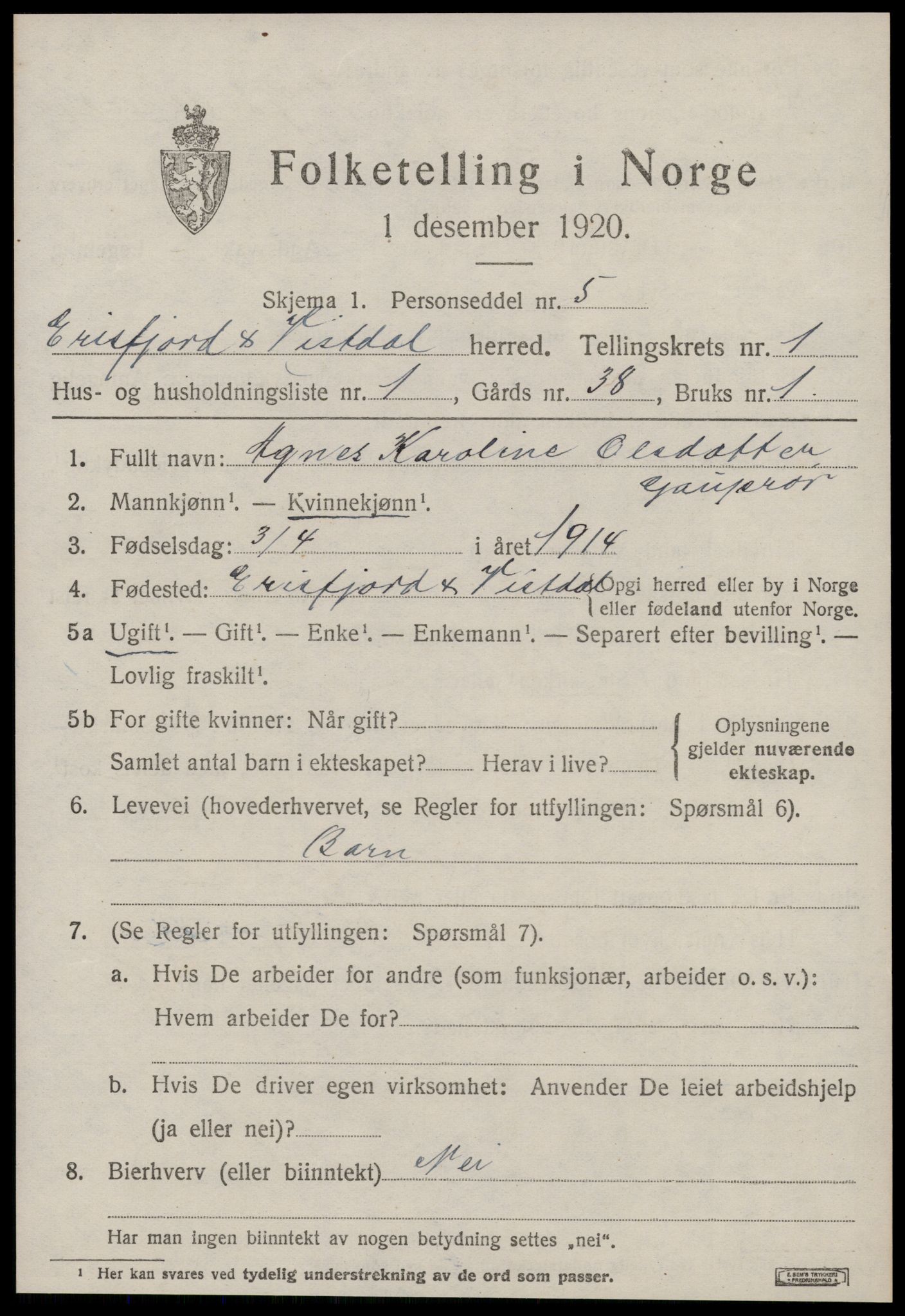 SAT, 1920 census for Eresfjord og Vistdal, 1920, p. 2523