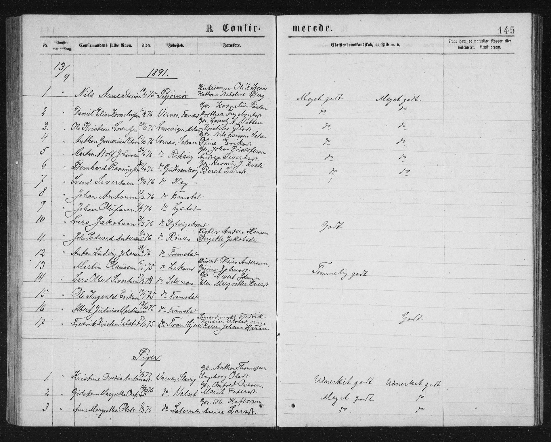 Ministerialprotokoller, klokkerbøker og fødselsregistre - Sør-Trøndelag, AV/SAT-A-1456/662/L0756: Parish register (copy) no. 662C01, 1869-1891, p. 145