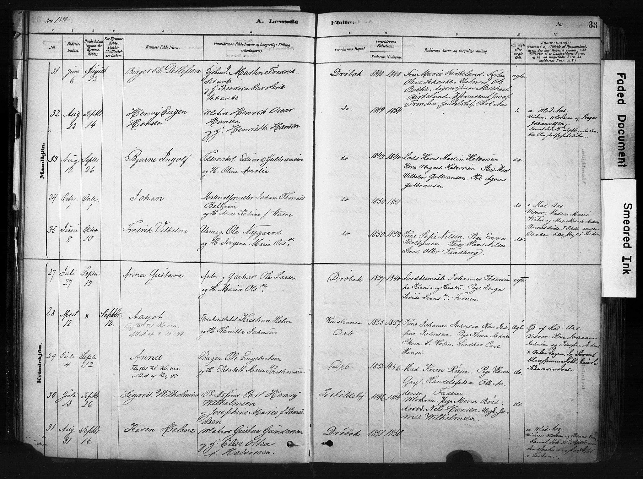 Drøbak prestekontor Kirkebøker, AV/SAO-A-10142a/F/Fb/L0001: Parish register (official) no. II 1, 1878-1891, p. 33