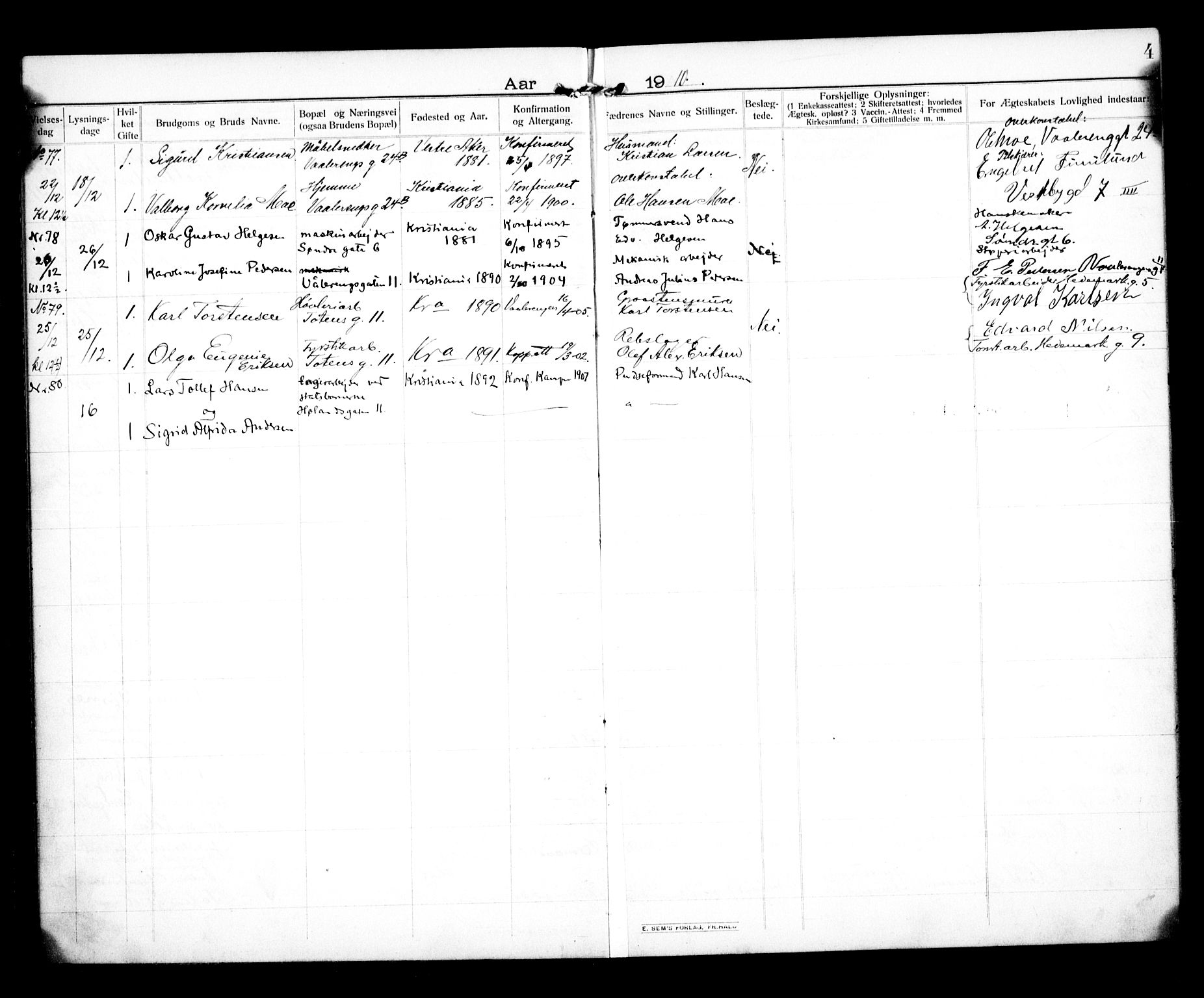 Vålerengen prestekontor Kirkebøker, SAO/A-10878/H/Ha/L0002: Banns register no. 2, 1910-1918, p. 4