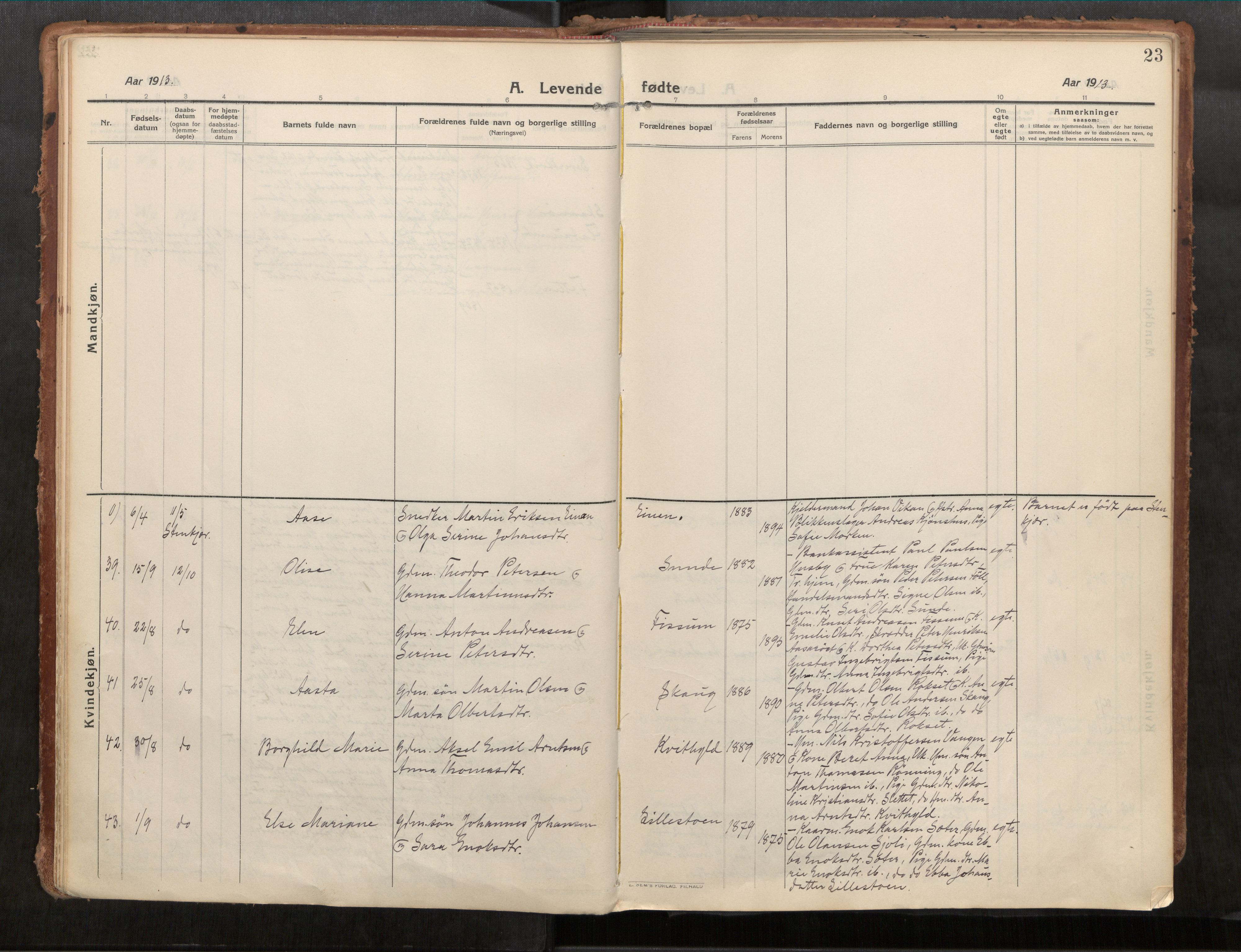 Stadsbygd sokneprestkontor, AV/SAT-A-1117/1/I/I1/I1a/L0001: Parish register (official) no. 1, 1911-1929, p. 23