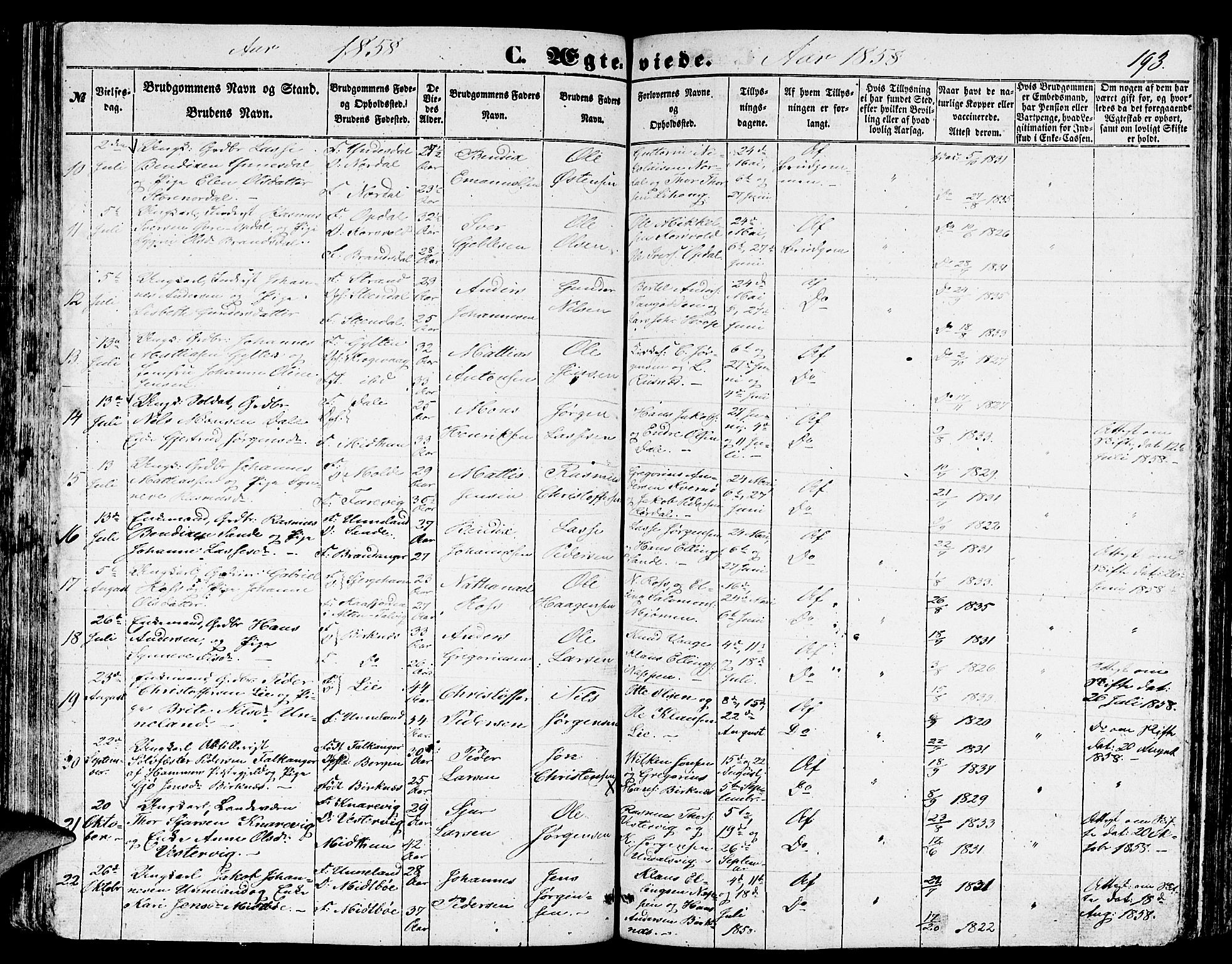 Gulen sokneprestembete, AV/SAB-A-80201/H/Hab/Habb/L0001: Parish register (copy) no. B 1, 1854-1866, p. 193