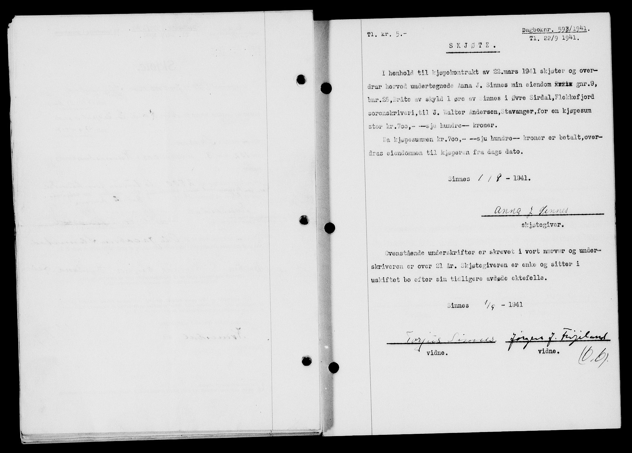 Flekkefjord sorenskriveri, SAK/1221-0001/G/Gb/Gba/L0057: Mortgage book no. A-5, 1941-1942, Diary no: : 593/1941