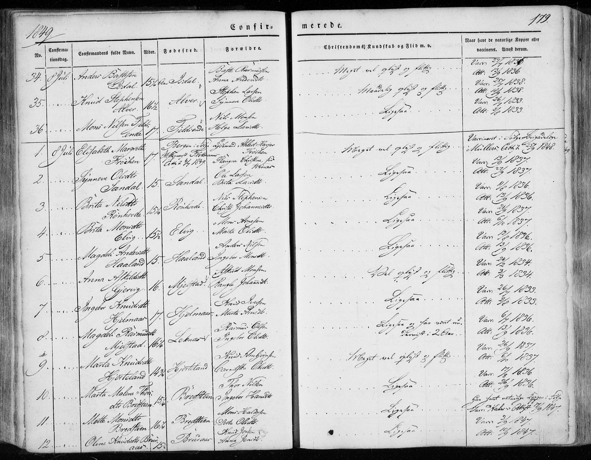 Hamre sokneprestembete, AV/SAB-A-75501/H/Ha/Haa/Haaa/L0013: Parish register (official) no. A 13, 1846-1857, p. 179