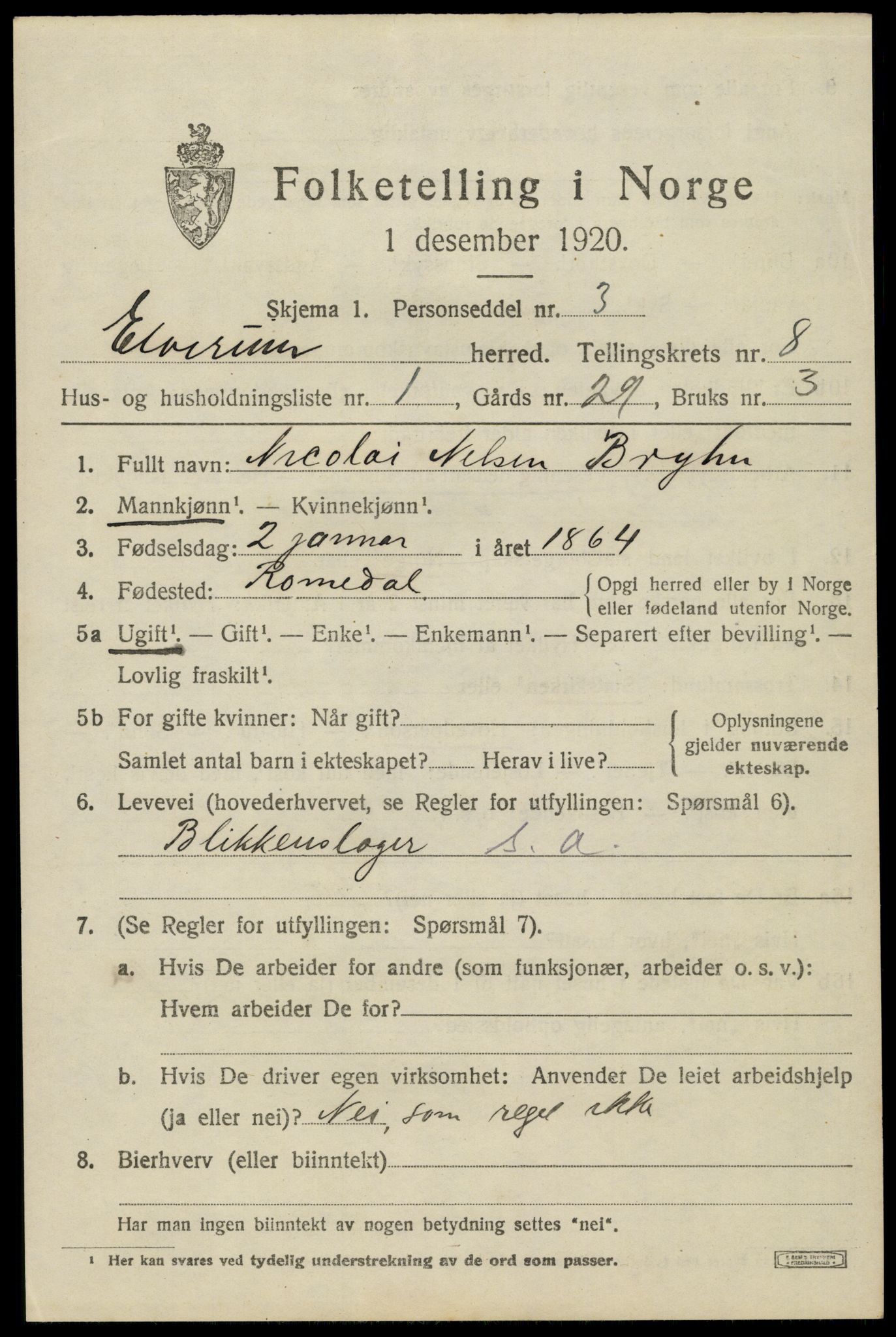 SAH, 1920 census for Elverum, 1920, p. 13102