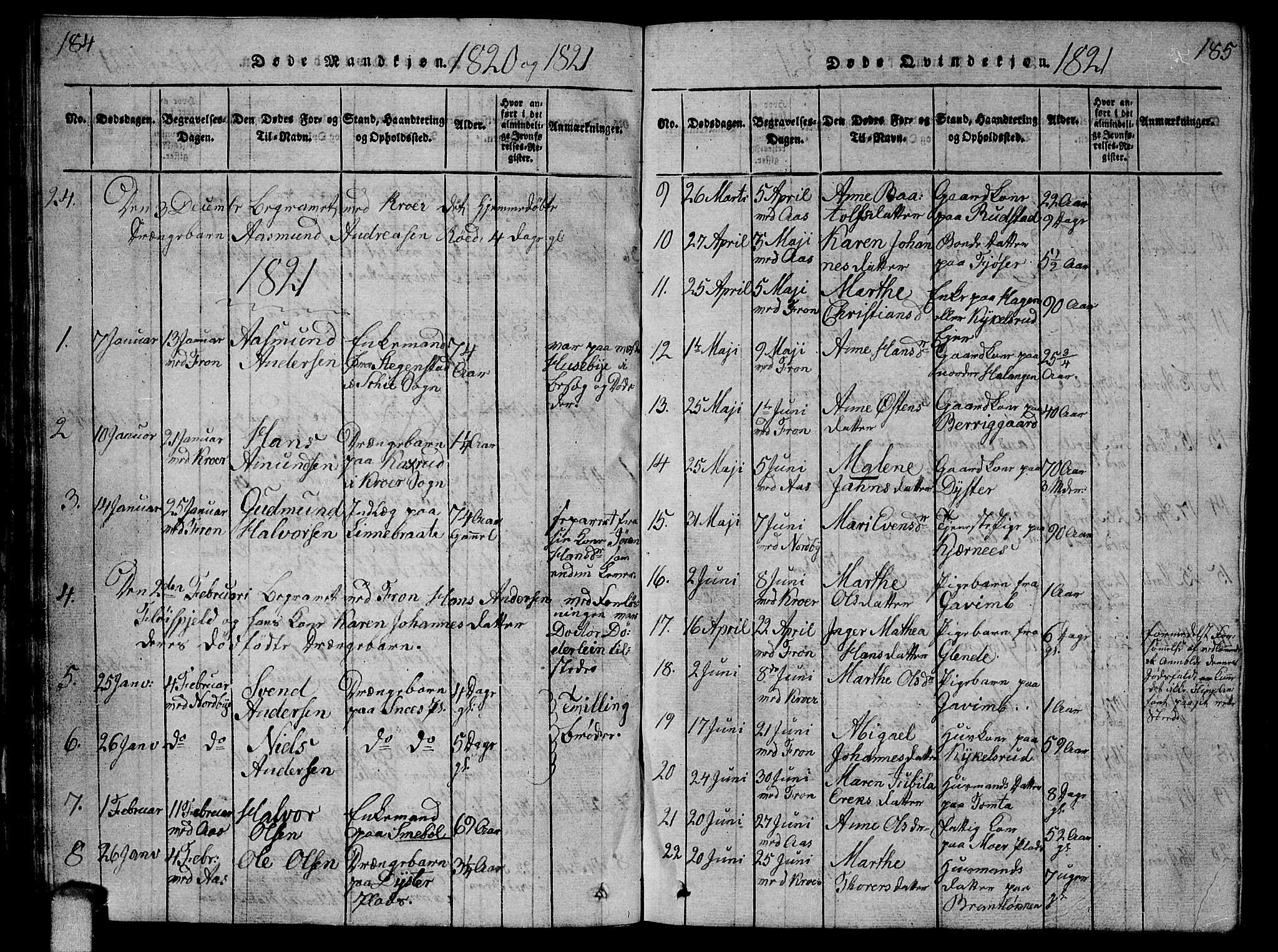 Ås prestekontor Kirkebøker, AV/SAO-A-10894/G/Ga/L0002: Parish register (copy) no. I 2, 1820-1836, p. 184-185