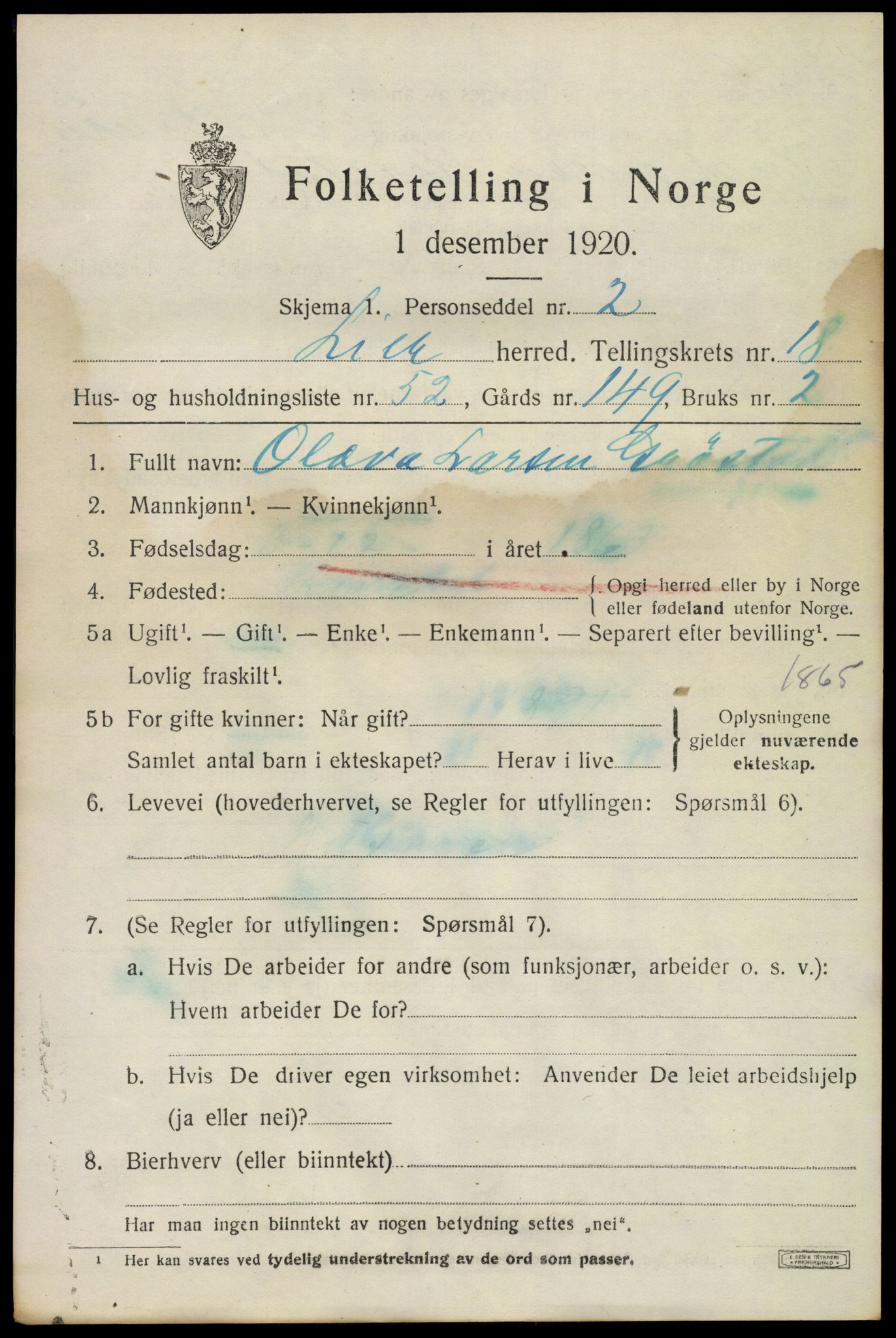 SAKO, 1920 census for Lier, 1920, p. 26086