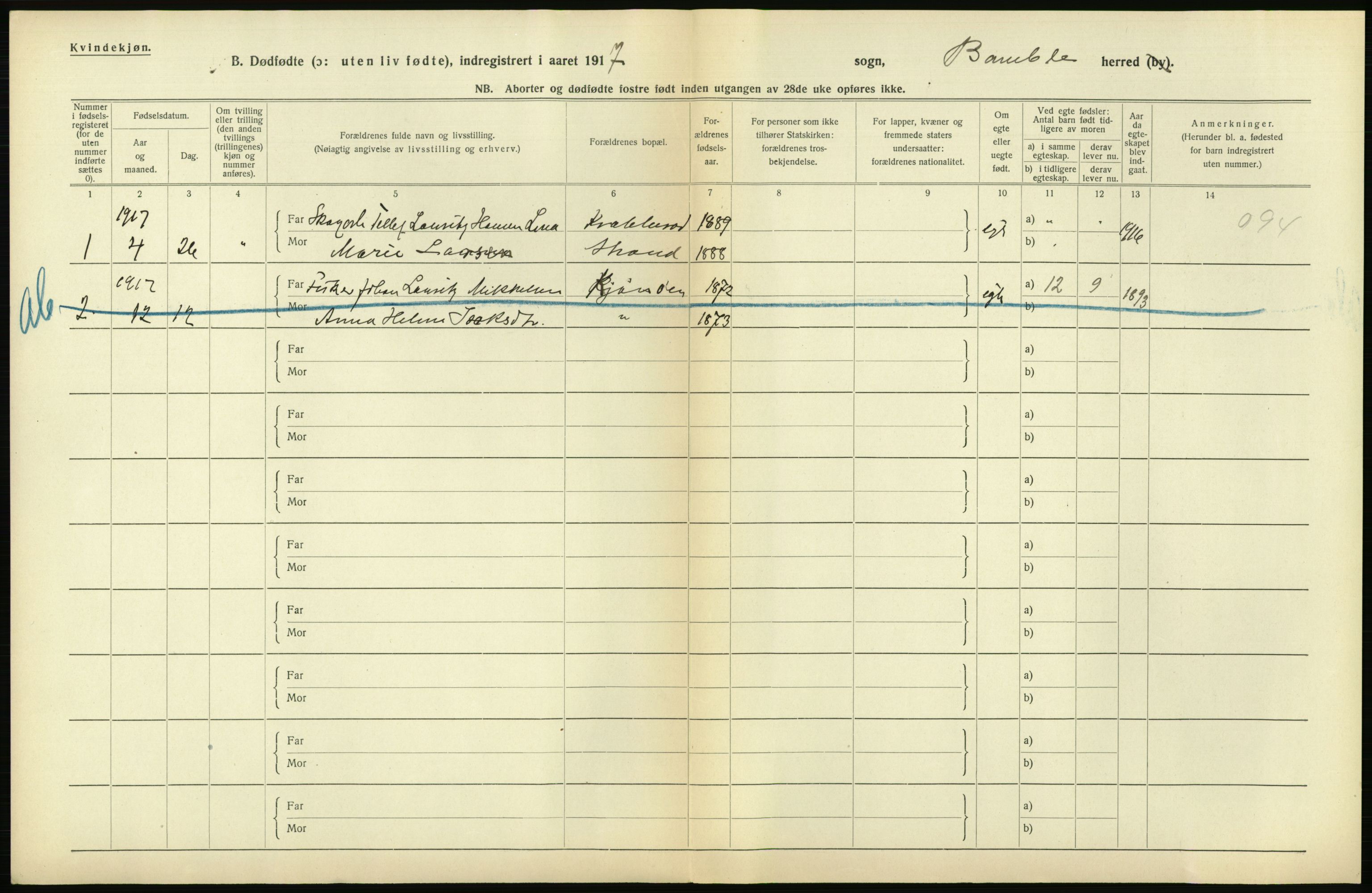 Statistisk sentralbyrå, Sosiodemografiske emner, Befolkning, RA/S-2228/D/Df/Dfb/Dfbg/L0026: Bratsberg amt: Døde, dødfødte. Bygder og byer., 1917, p. 486