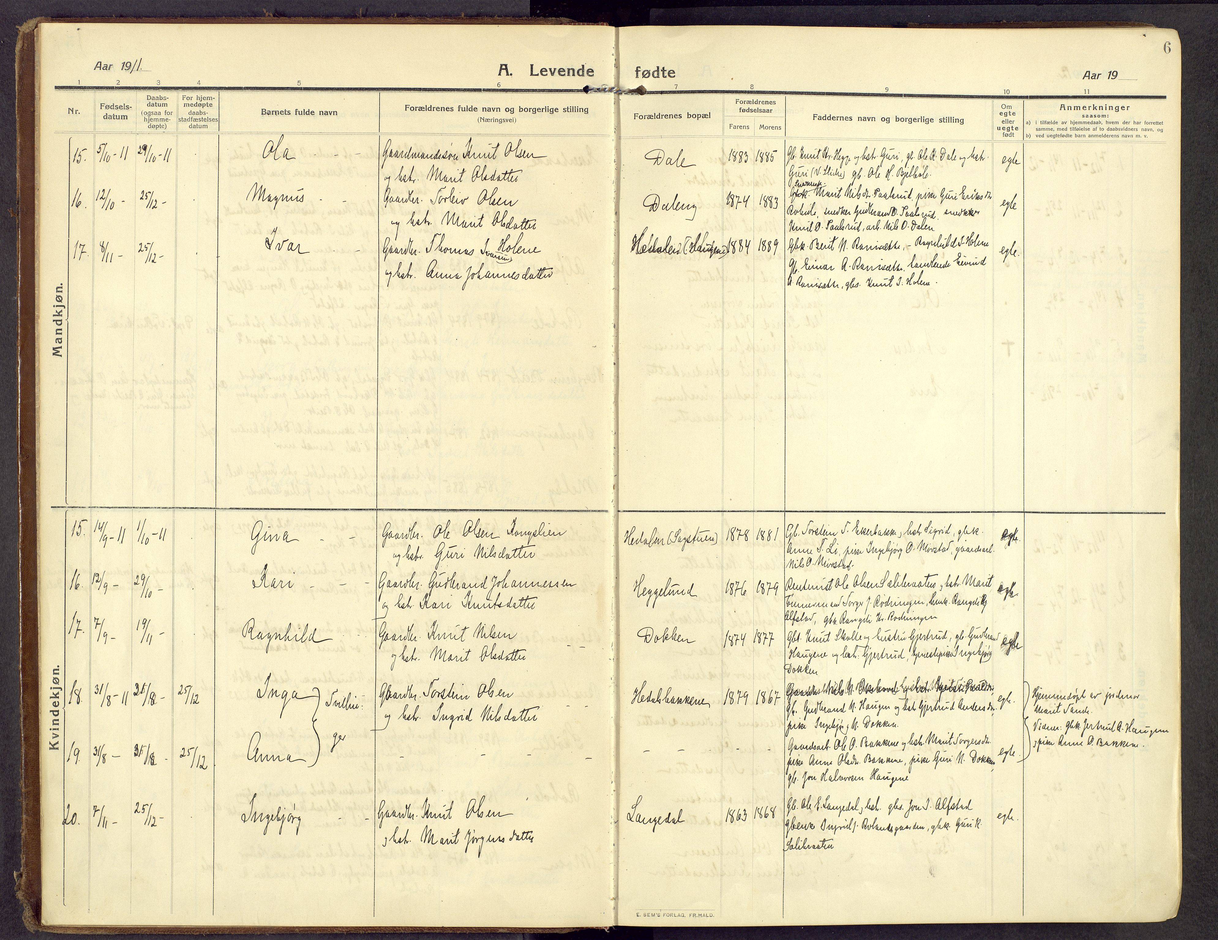 Øystre Slidre prestekontor, AV/SAH-PREST-138/H/Ha/Haa/L0007: Parish register (official) no. 7, 1911-1931, p. 6