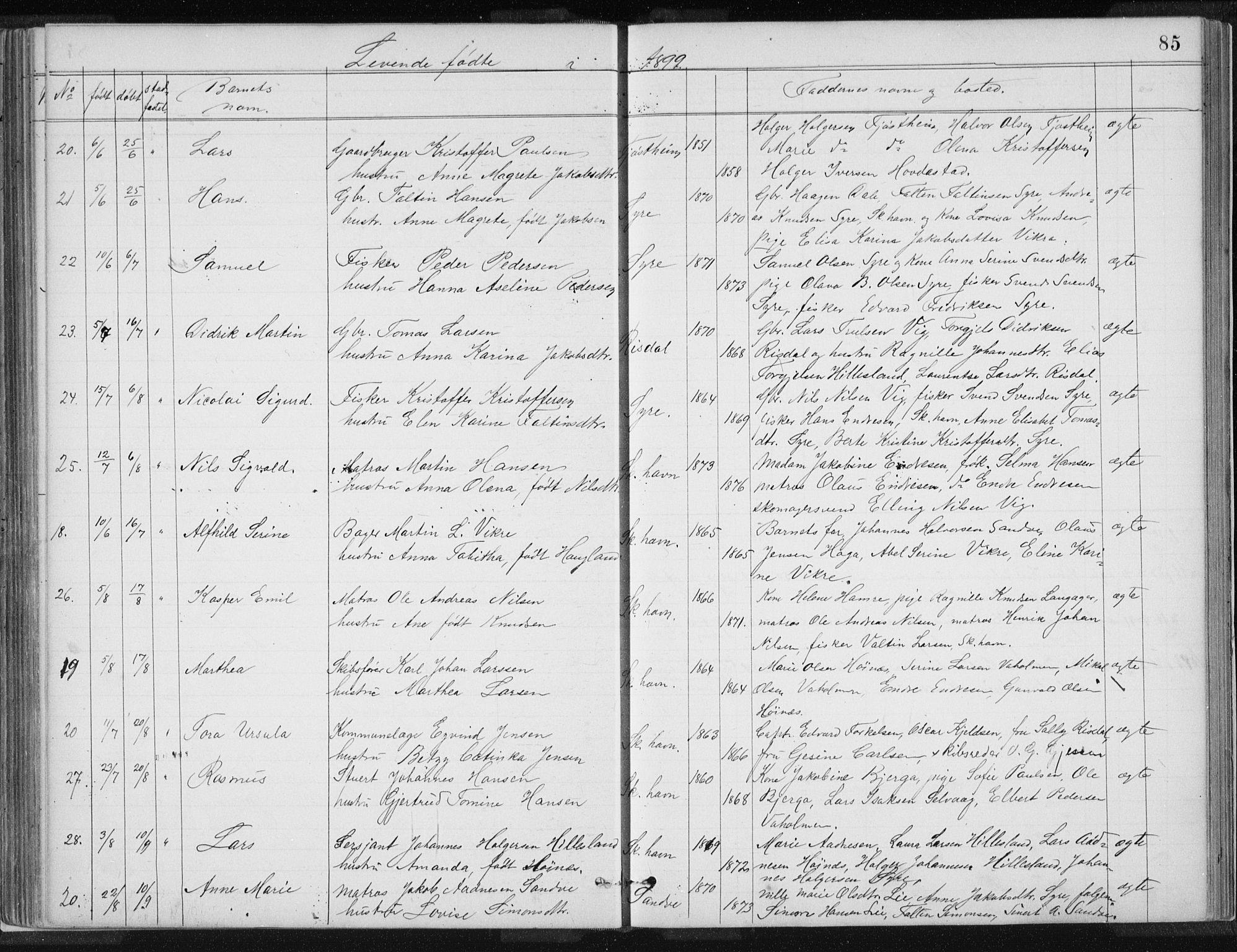 Skudenes sokneprestkontor, SAST/A -101849/H/Ha/Hab/L0007: Parish register (copy) no. B 7, 1885-1899, p. 85