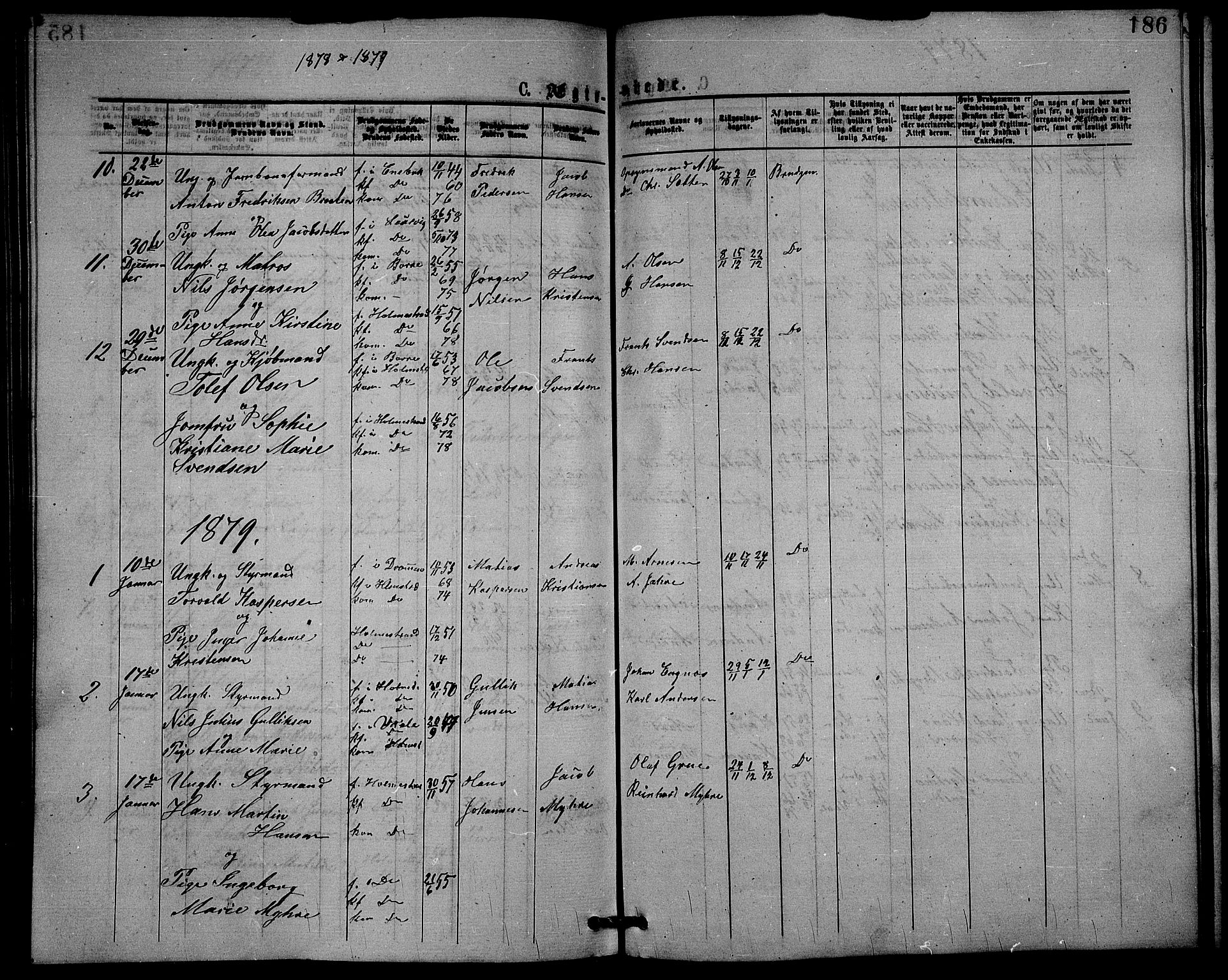 Holmestrand kirkebøker, AV/SAKO-A-346/G/Ga/L0004: Parish register (copy) no. 4, 1874-1888, p. 186