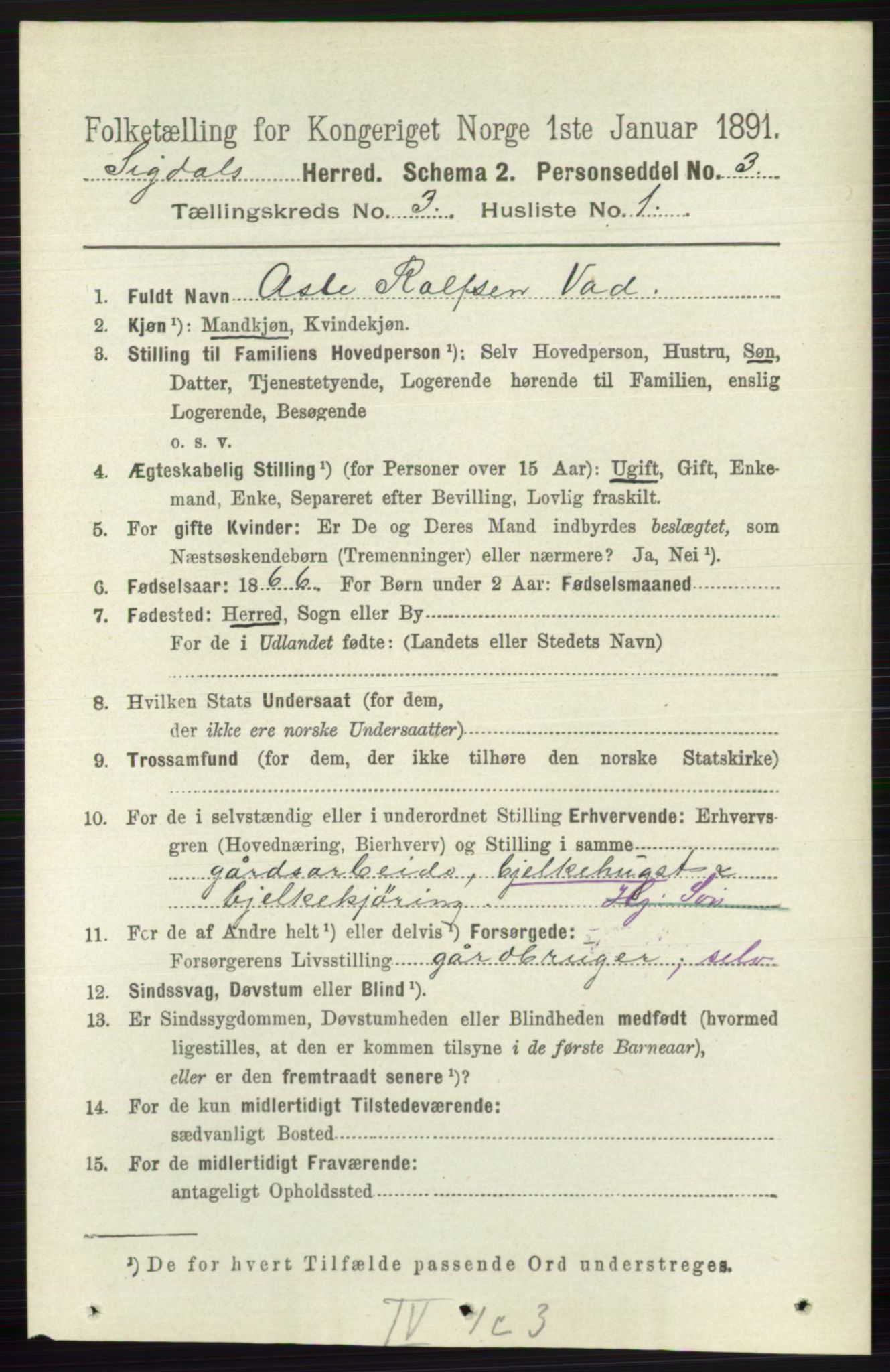 RA, 1891 census for 0621 Sigdal, 1891, p. 1340