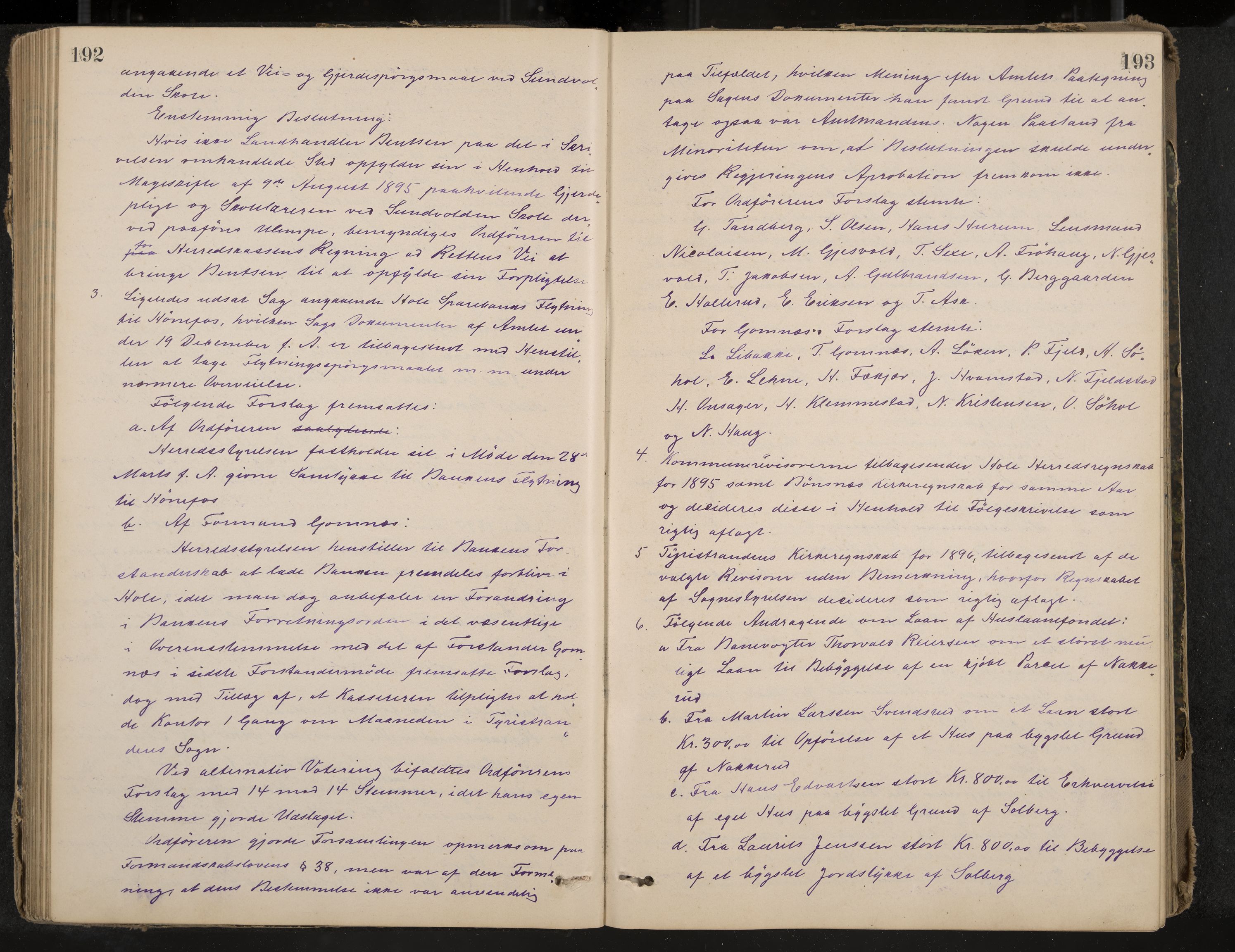 Hole formannskap og sentraladministrasjon, IKAK/0612021-1/A/Aa/L0003: Møtebok med register, 1892-1902, p. 192-193